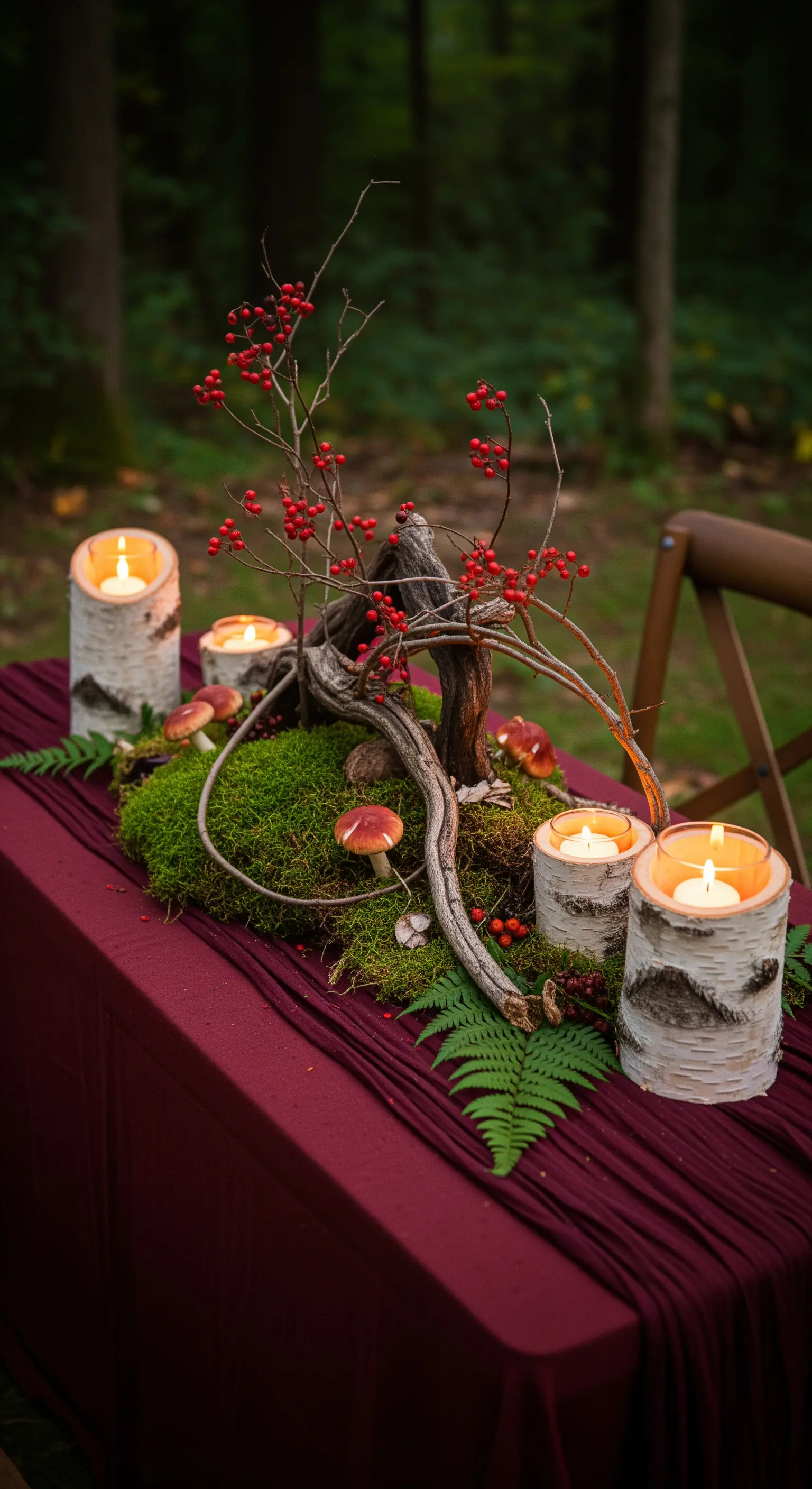 Centrotavola a tema bosco con muschio, funghi e candele in corteccia di betulla.