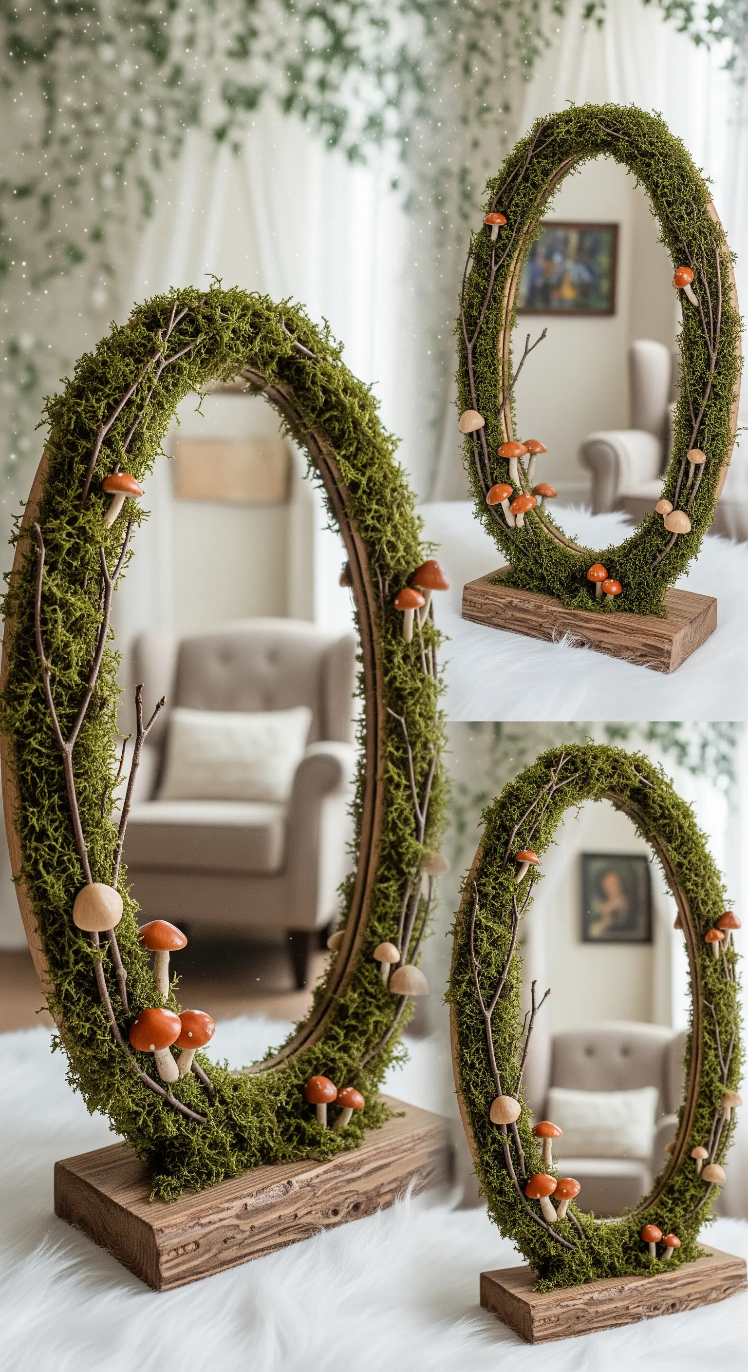 Specchio ovale da tavolo con cornice ricoperta di muschio e piccoli funghi decorativi.