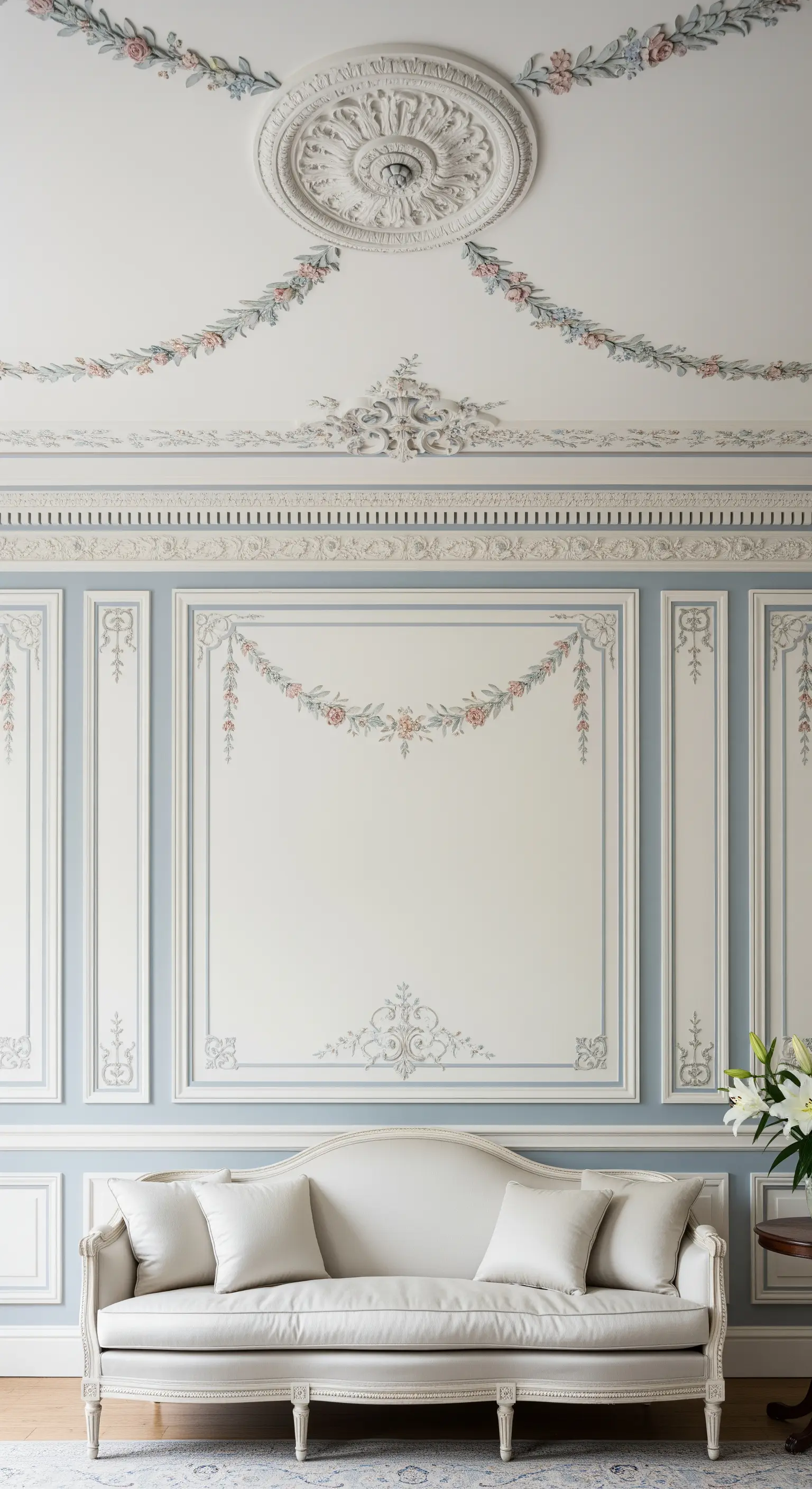 Salotto neoclassico con pareti azzurro chiaro e boiserie bianca, con un divanetto bianco al centro.