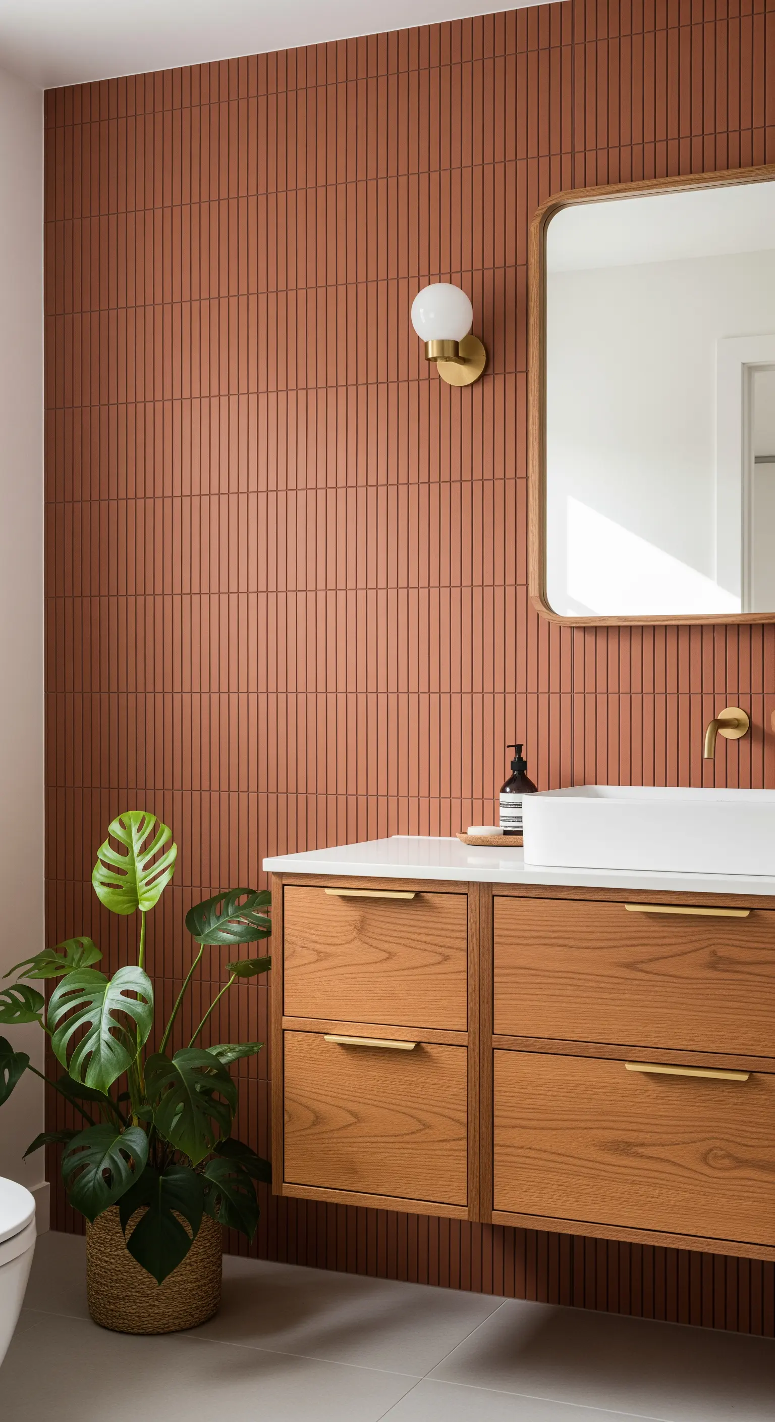 Bagno con parete di listelli verticali terracotta, mobile sospeso in legno e specchio arrotondato.