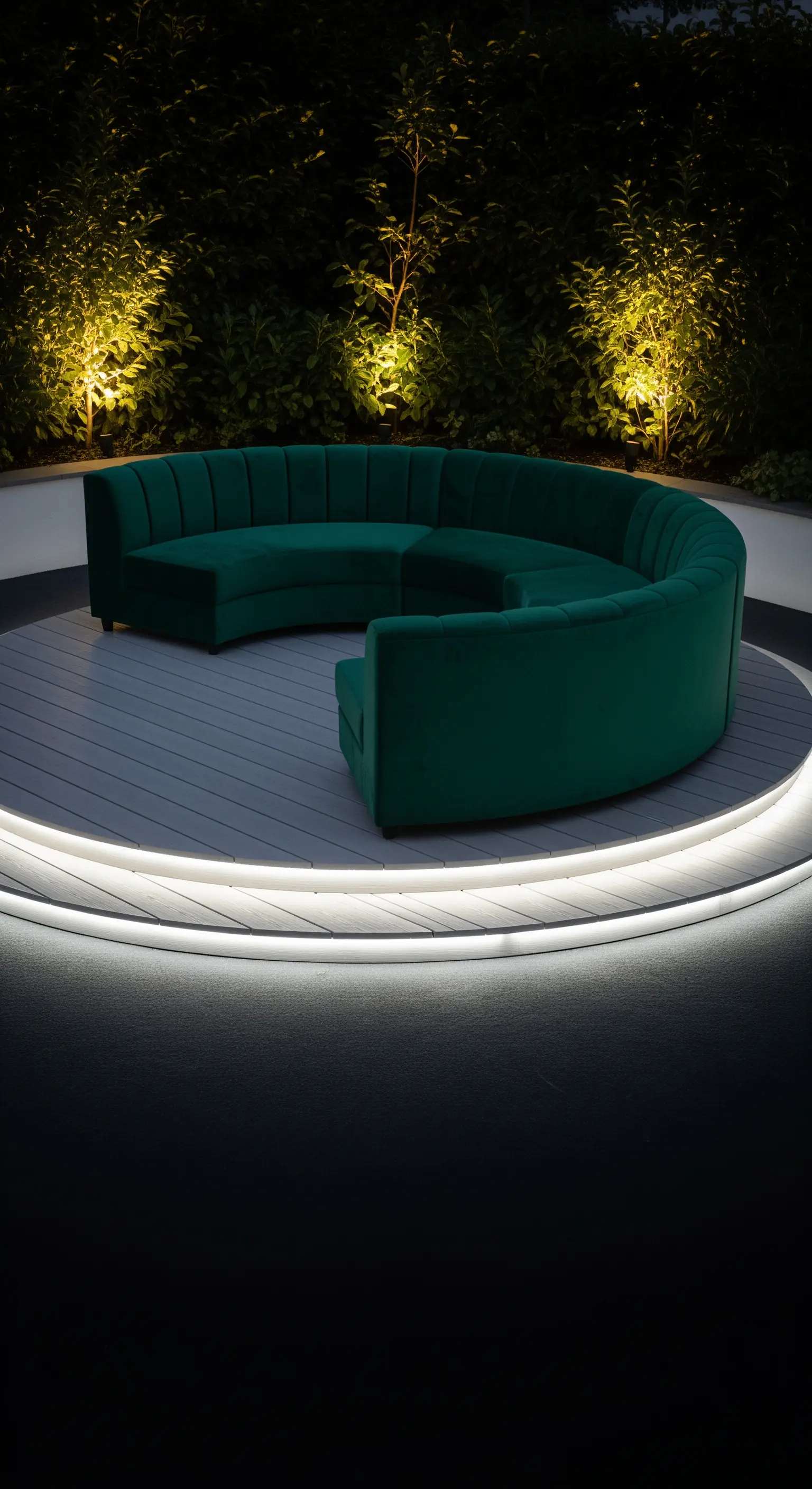 Divano curvo in velluto verde su una pedana rotonda il cui perimetro è illuminato da un anello LED.
