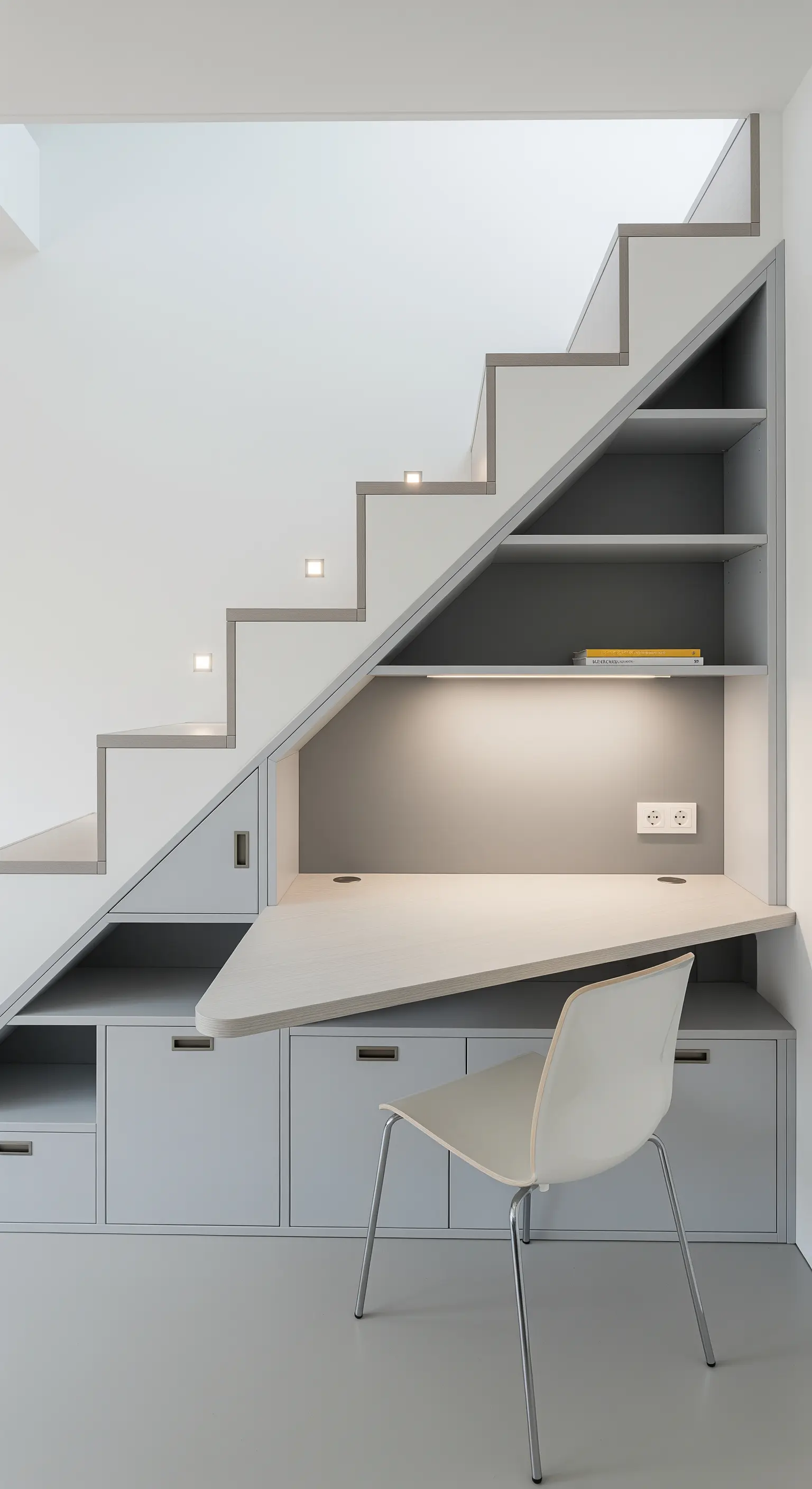 Scrivania e libreria su misura integrate nello spazio di un sottoscala, in grigio chiaro.