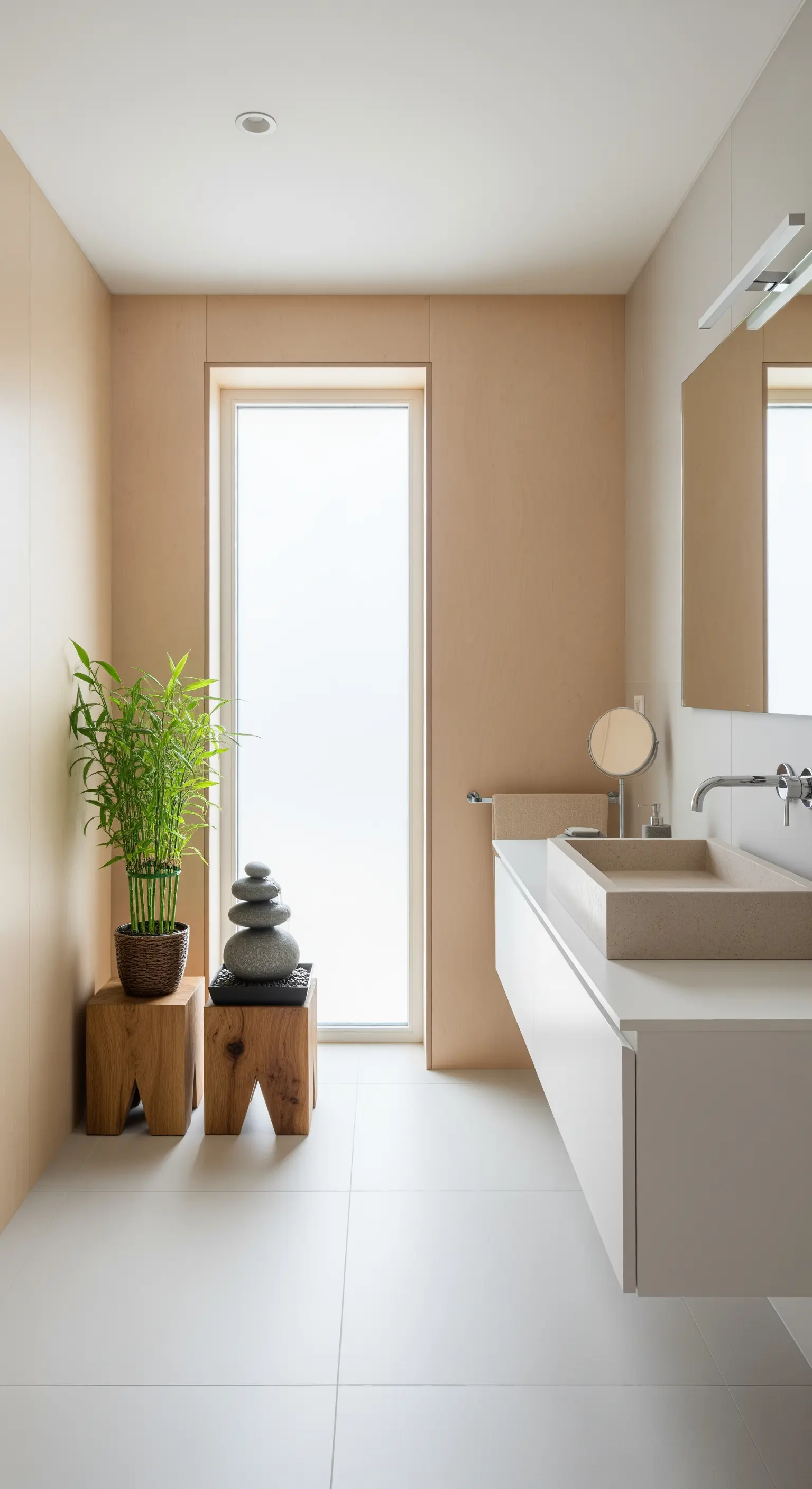 Bagno minimalista con pareti in legno chiaro, lavabo sospeso e una pila di pietre zen.