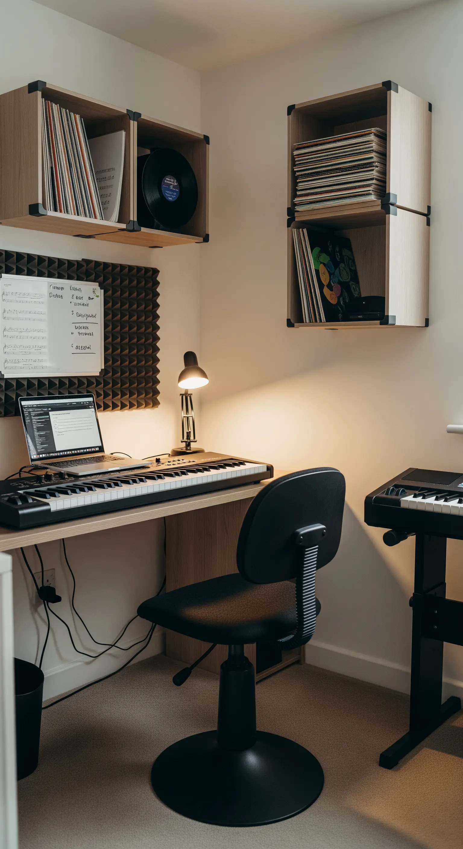 Postazione per la produzione musicale con pannelli fonoassorbenti e scaffali per vinili.