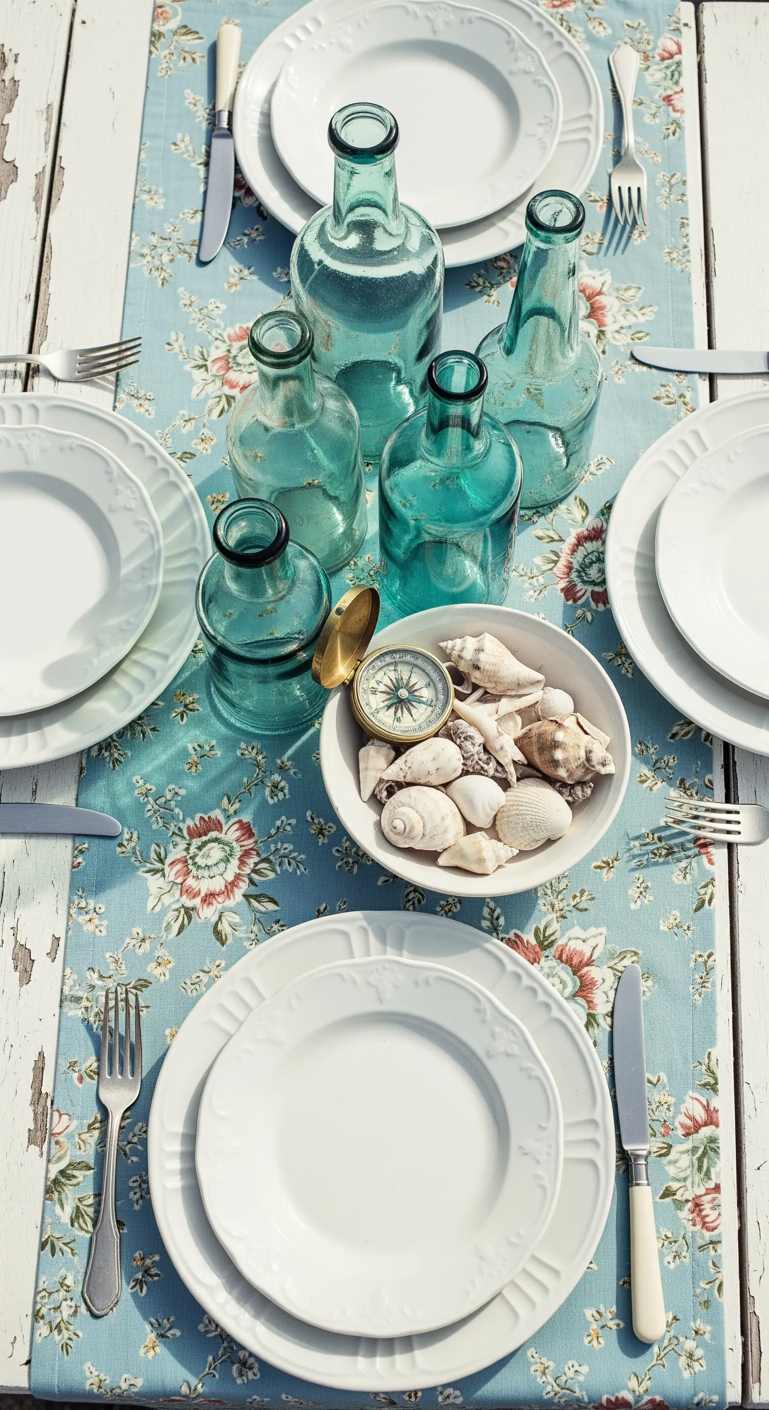 Tavola vintage con runner floreale, bottiglie di vetro verde e una bussola.