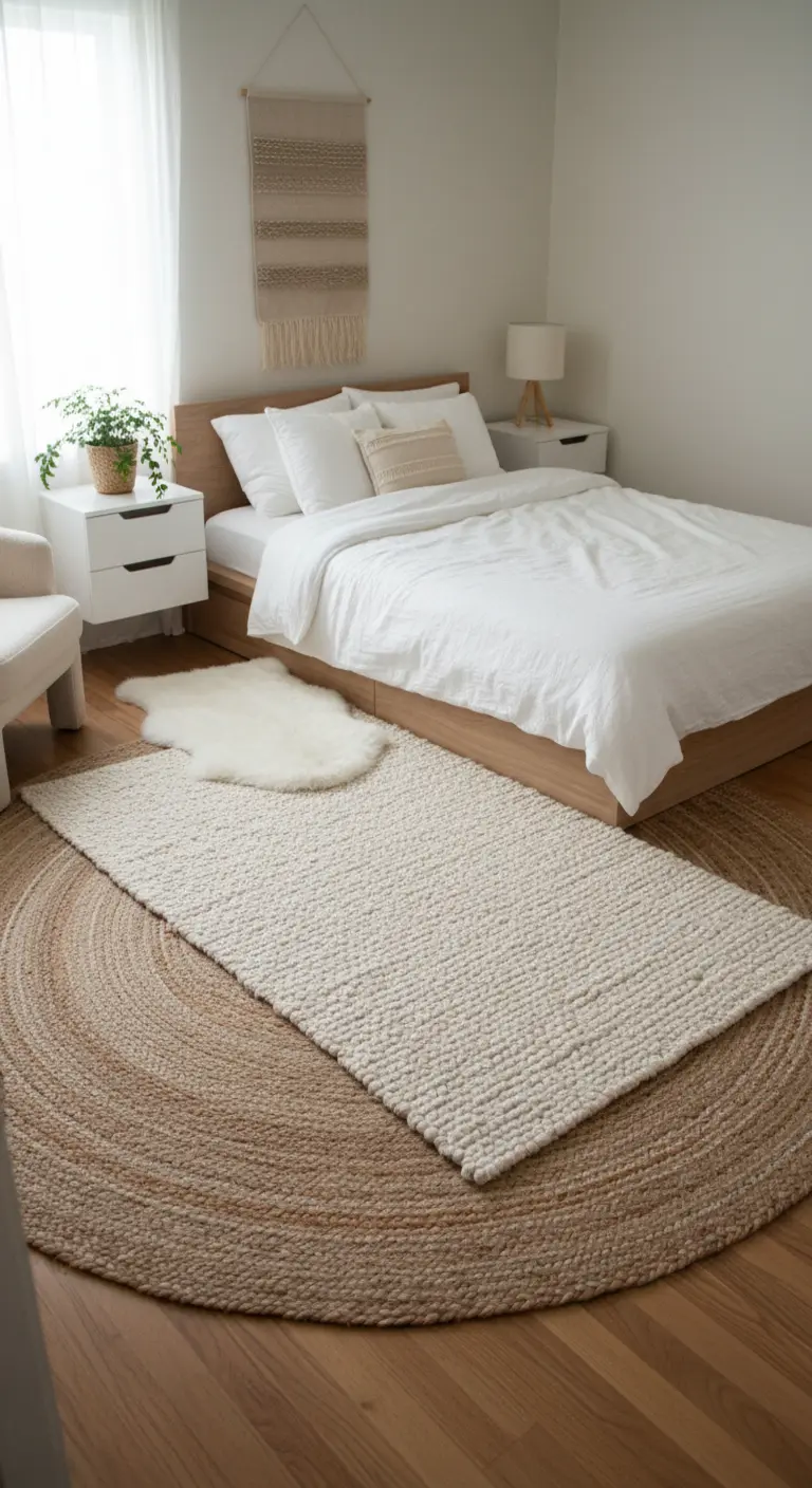 Camera da letto con un tappeto rettangolare in lana bianca sovrapposto a un tappeto rotondo in juta.