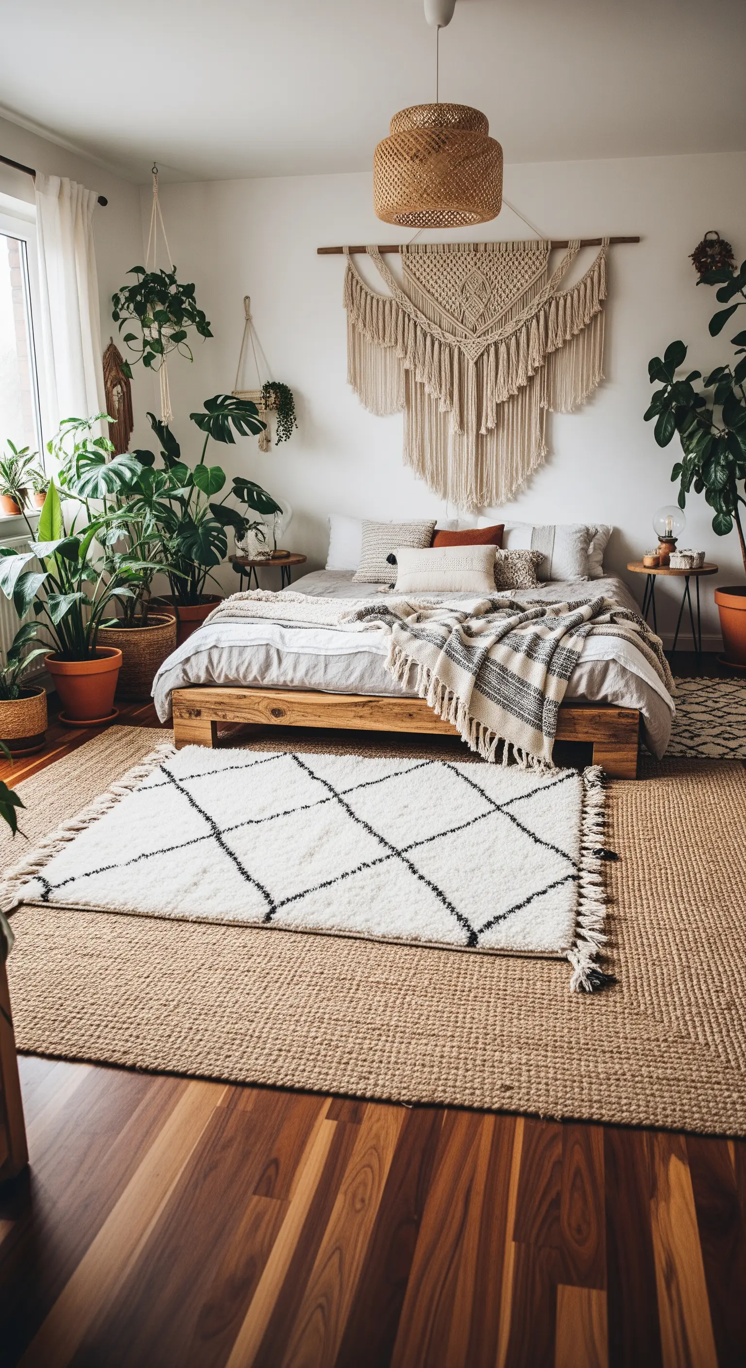 Camera da letto boho con piante, macramè e due tappeti sovrapposti, uno in iuta e uno a motivi geometrici