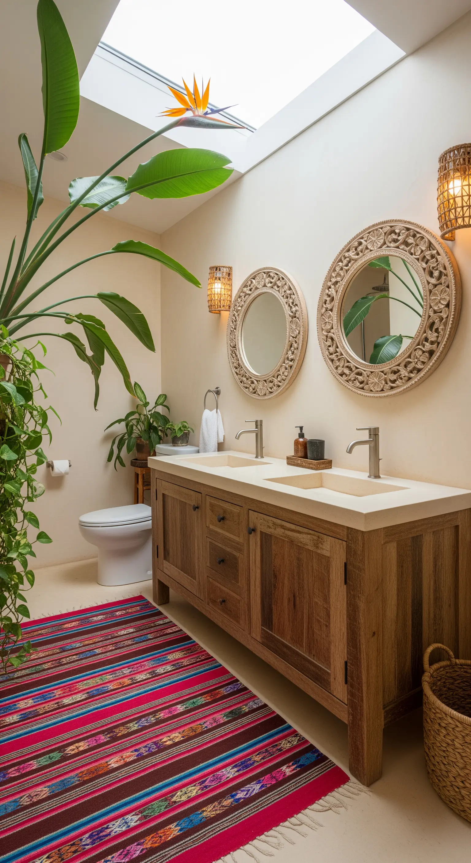 Bagno con mobile in legno grezzo, specchi intagliati e un vivace tappeto a righe colorate.