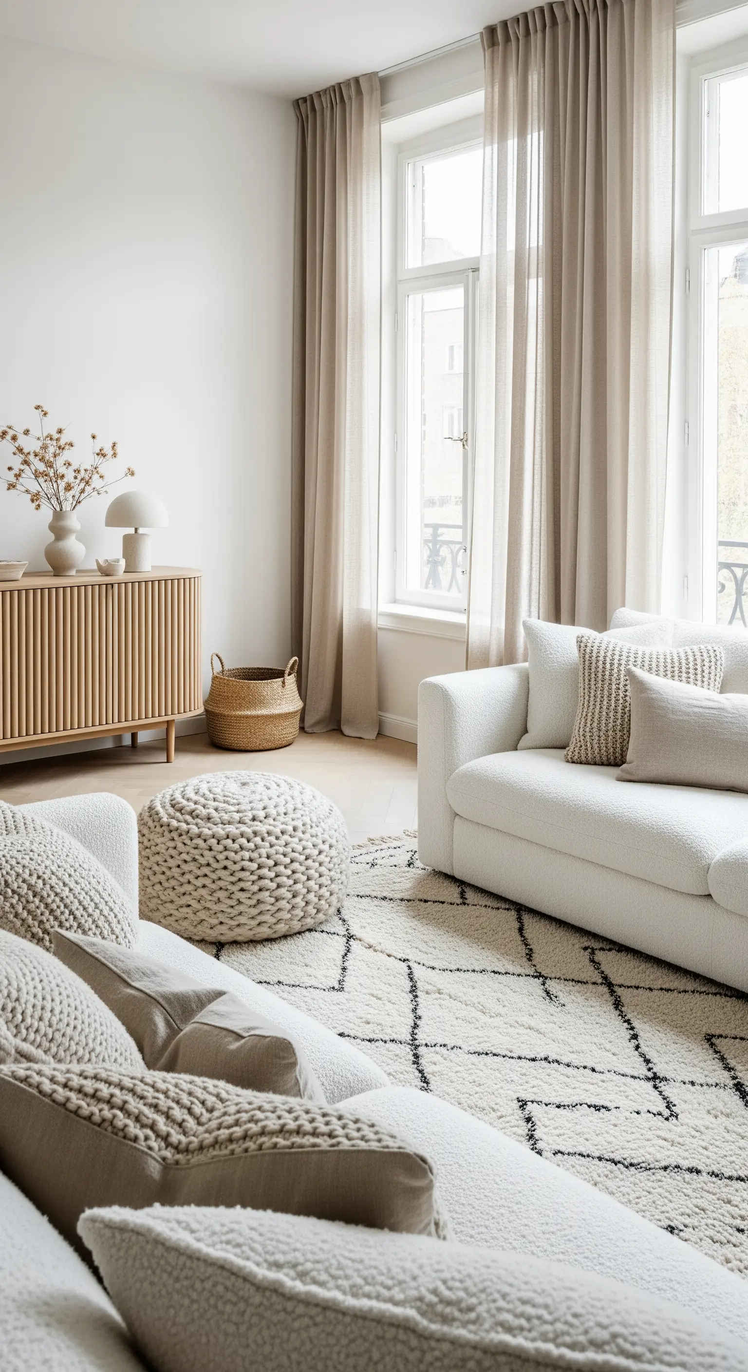 Primo piano di un salotto con divano in bouclé bianco e cuscini e pouf in maglia.