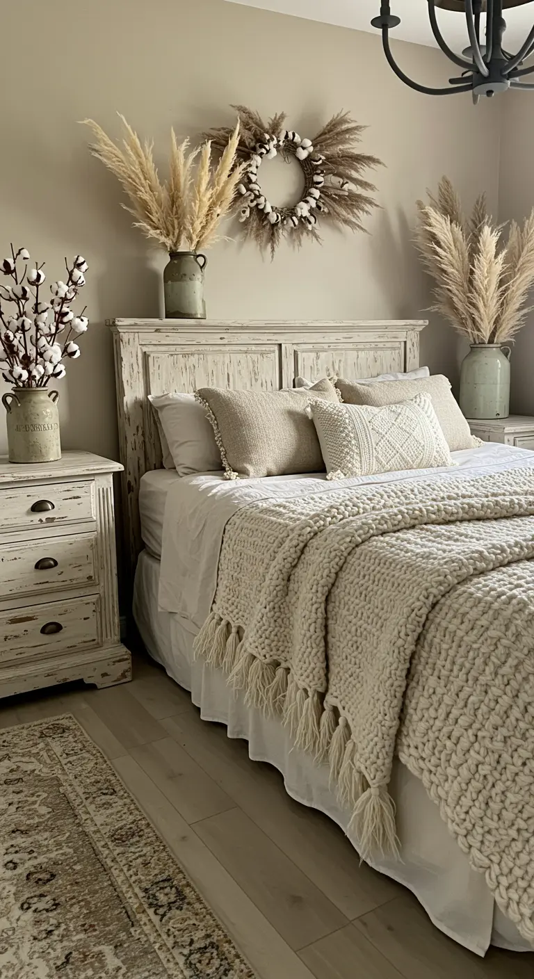 Camera da letto nei toni del beige con coperta a maglia grossa e decorazioni con pampa.