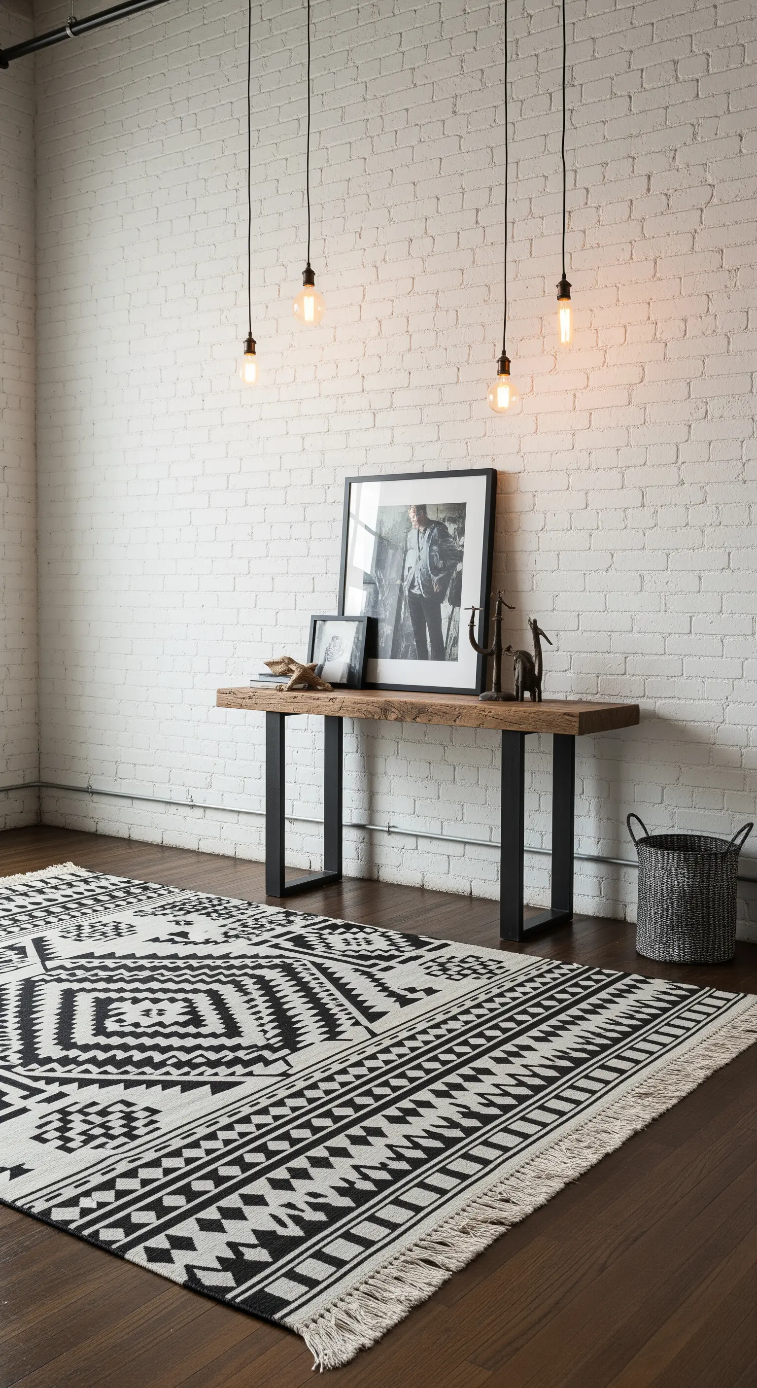 Tappeto geometrico bianco e nero su pavimento in legno, con consolle industriale e parete in mattoni.