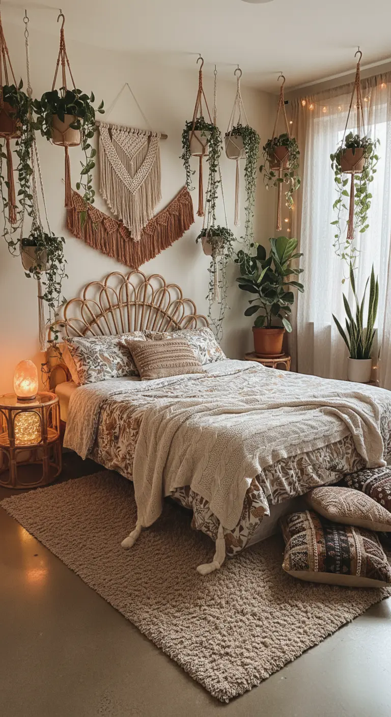 Camera da letto in stile boho chic con piante sospese, macramè e una testiera in rattan.