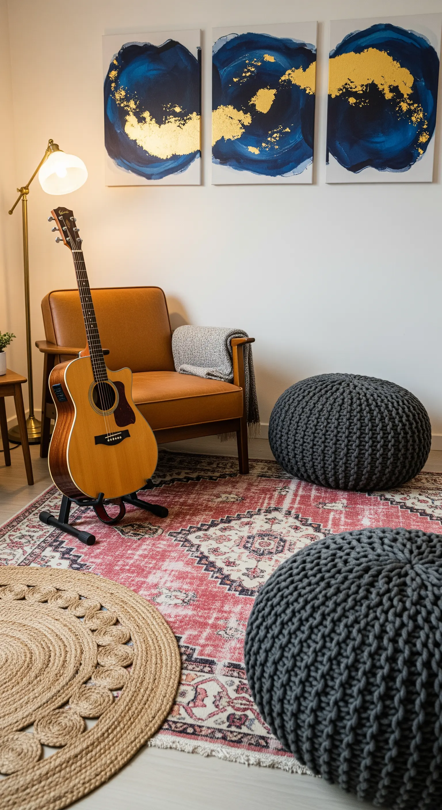 Angolo musicale con poltrona in pelle, chitarra e tappeti sovrapposti, uno etnico e uno in juta.