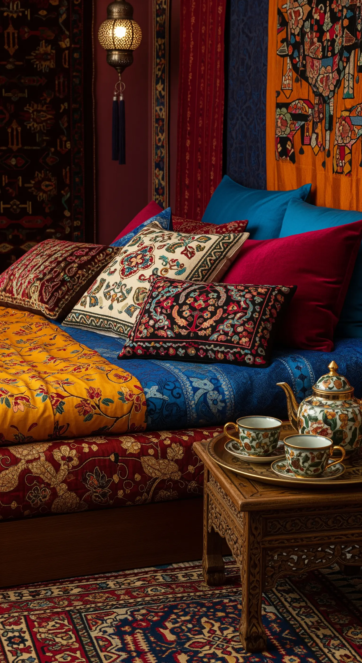 Letto con cuscini e coperte ricamate in stile uzbeko e indiano, tavolino intarsiato e tappeti persiani.