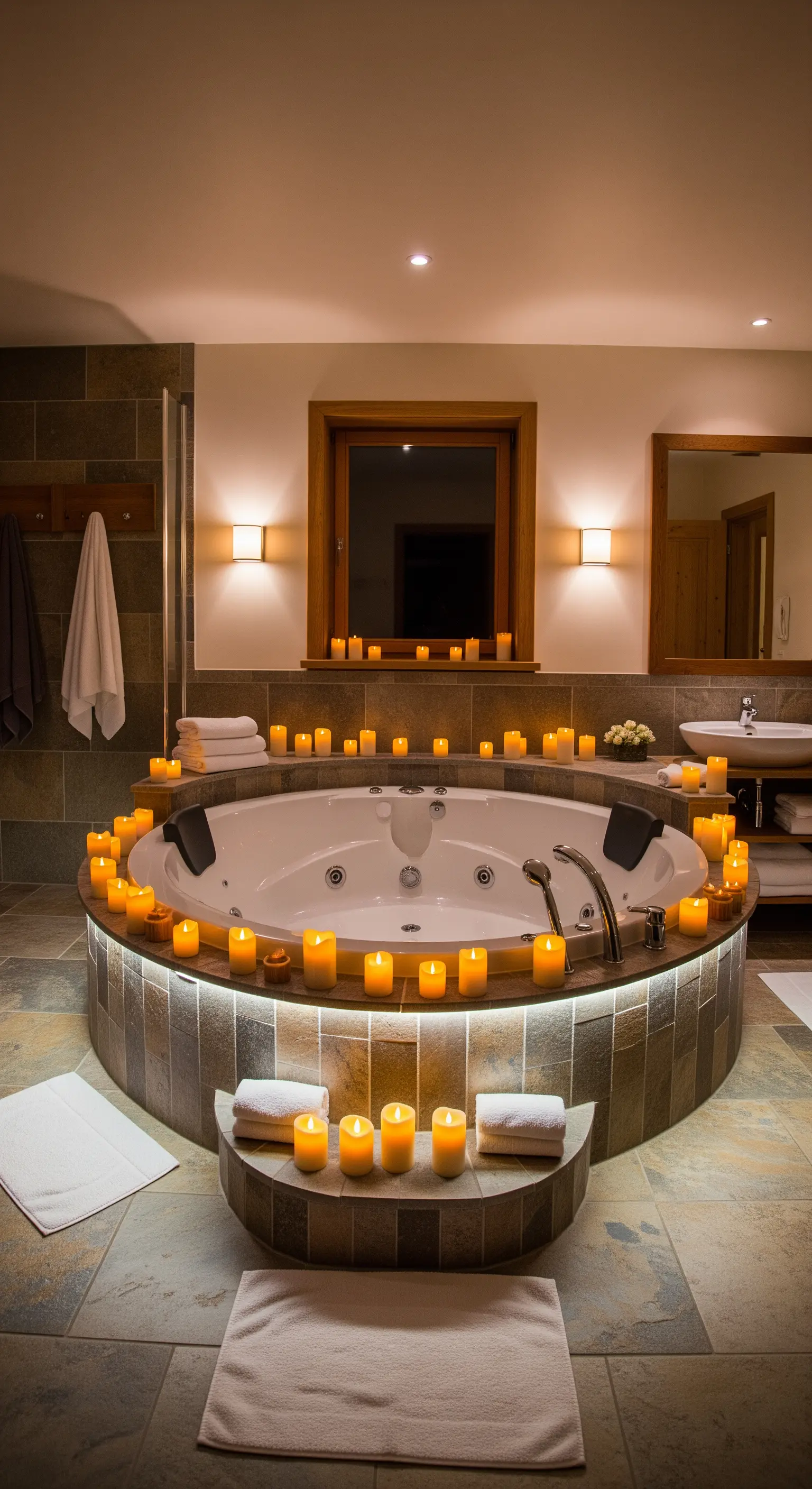 Vasca idromassaggio rotonda in un bagno moderno con rivestimento in pietra e luce LED.