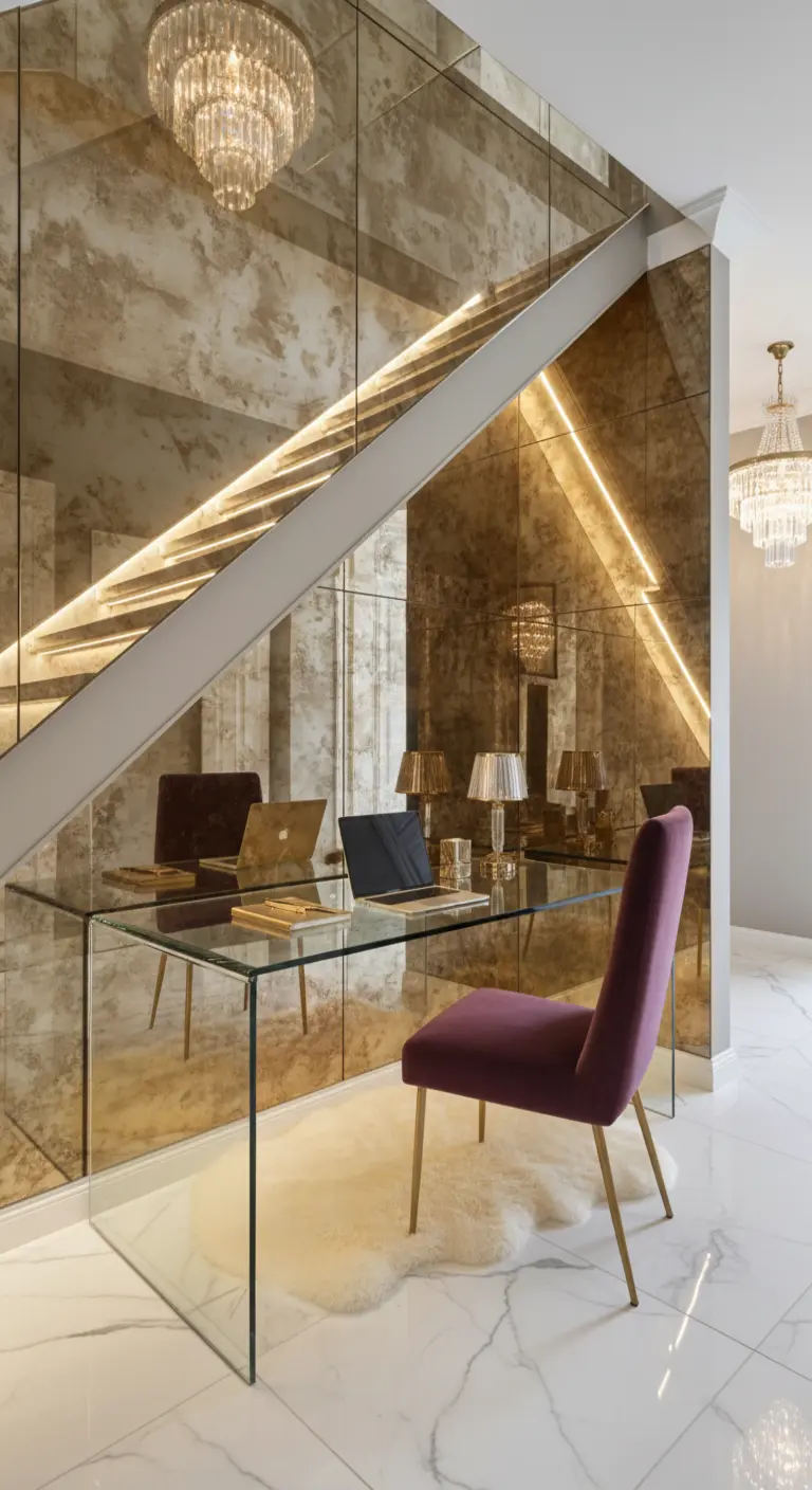 Ufficio nel sottoscala con pareti a specchio anticato e scrivania in vetro.