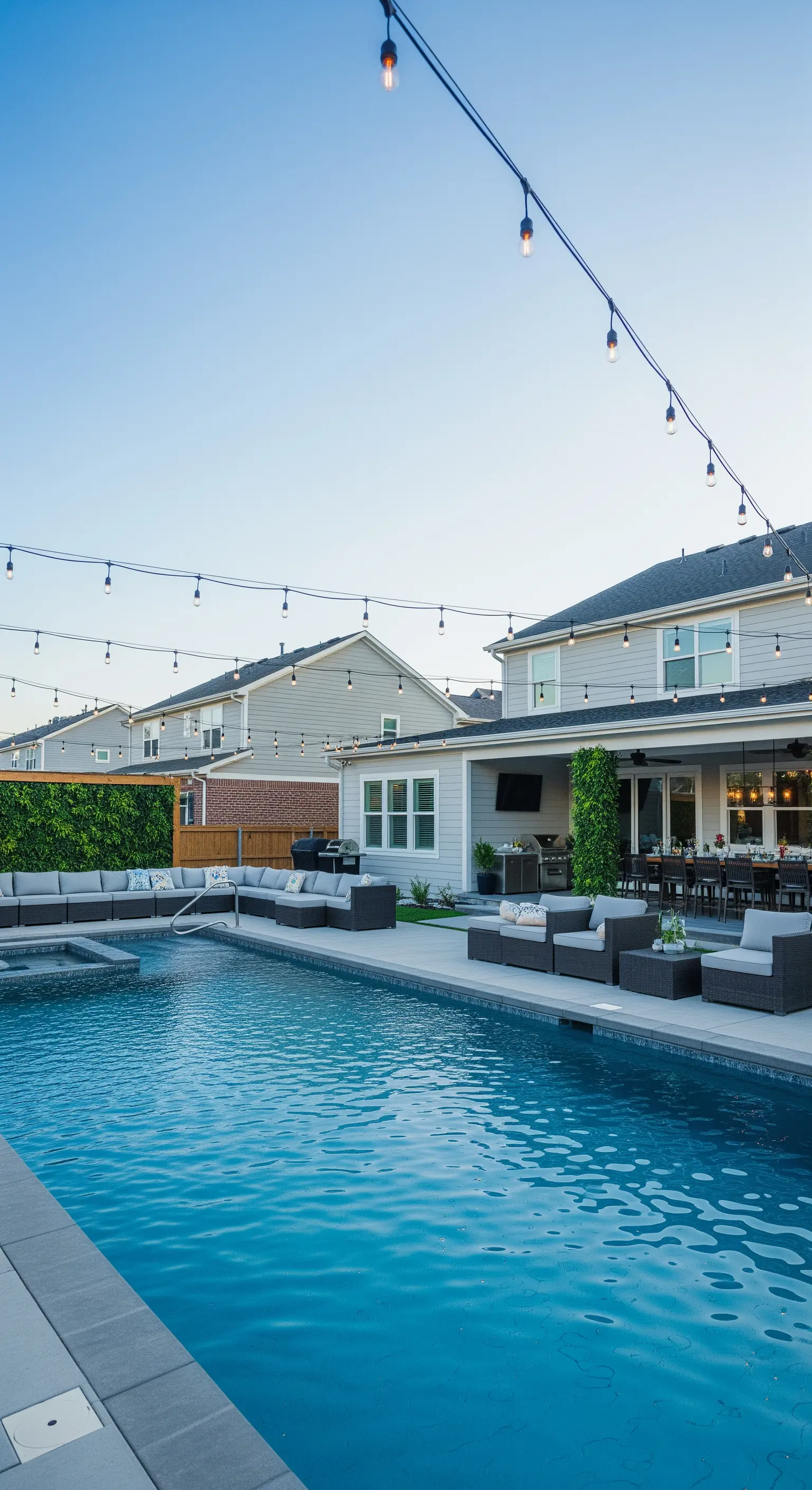 Grande patio con piscina, diversi divani modulari grigi e luci a catena sospese.