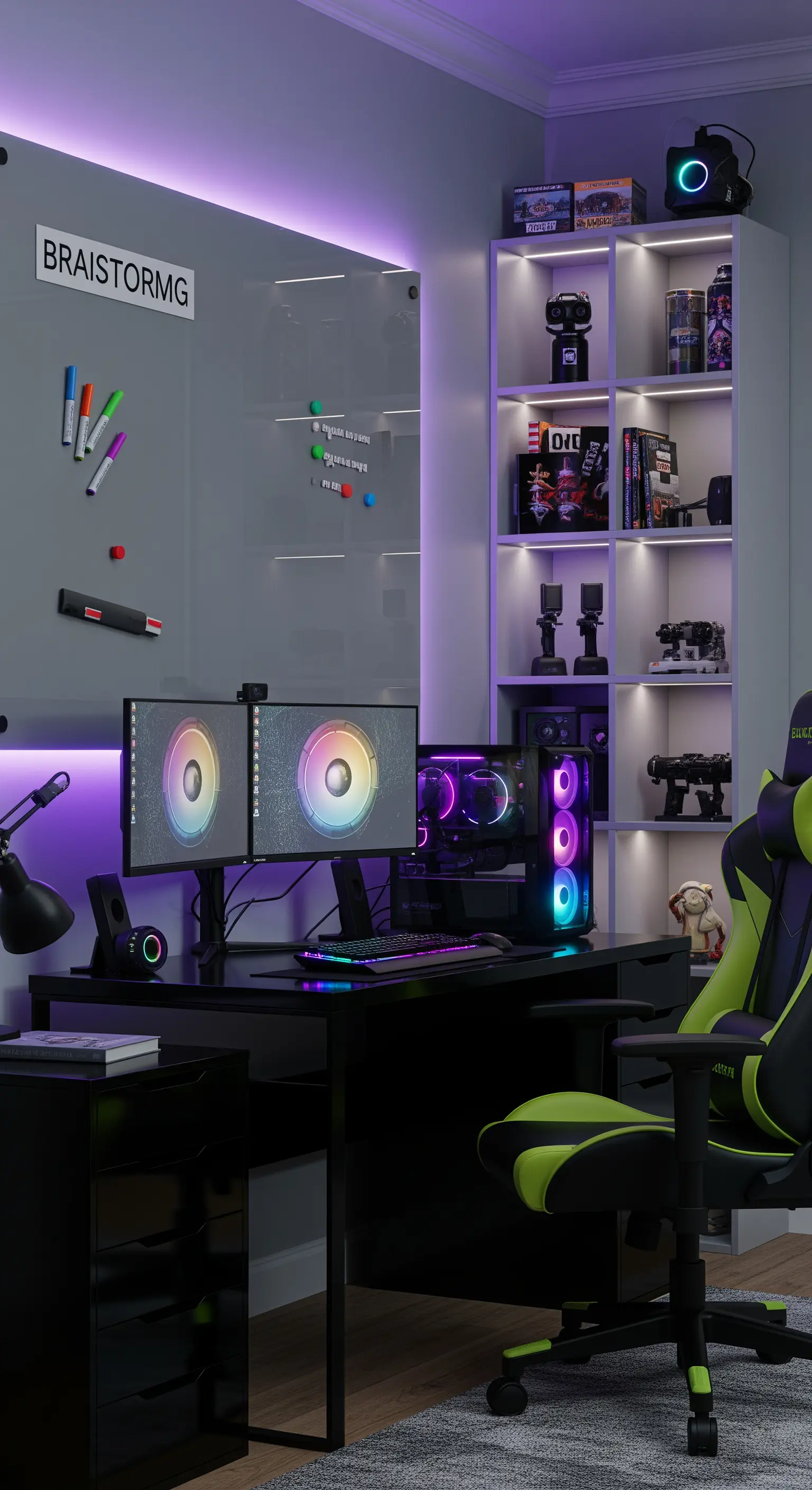 Postazione da gaming con scrivania nera lucida, LED viola e lavagna in vetro.