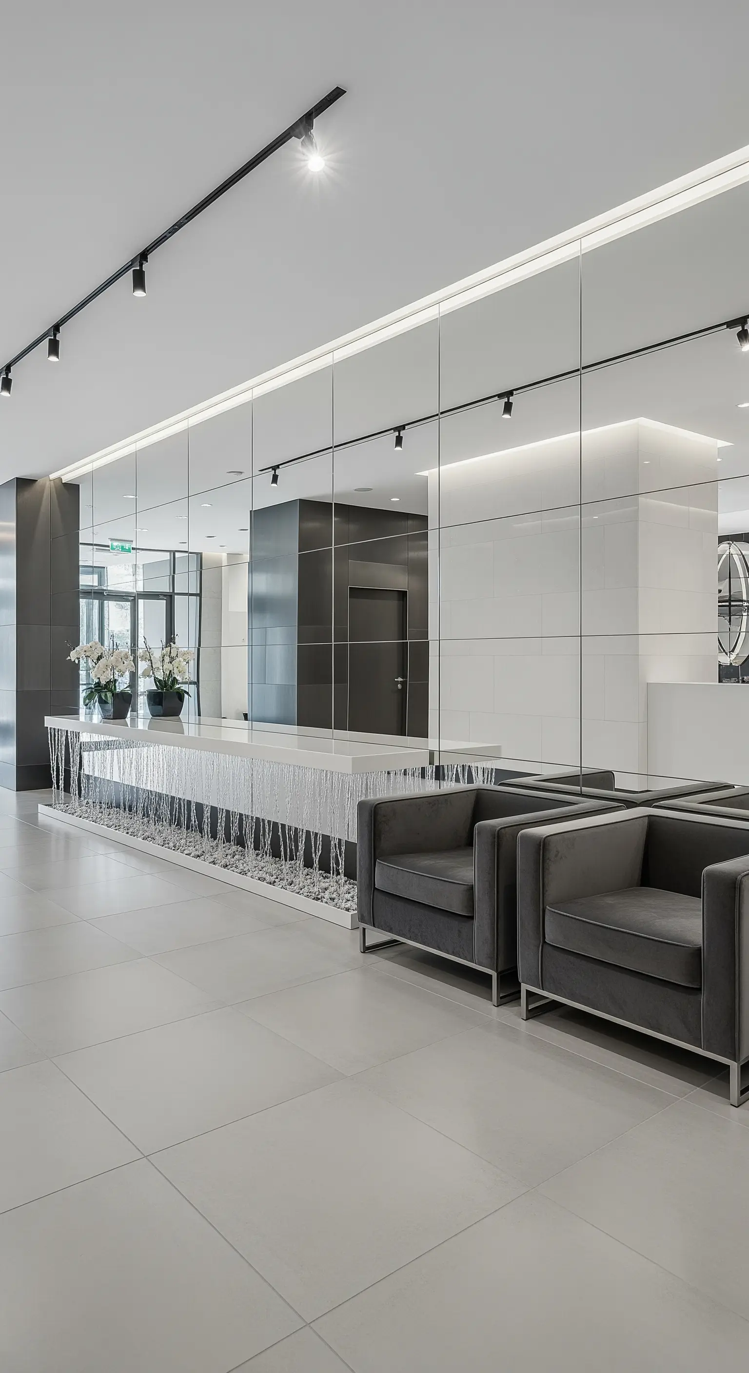 Lobby moderna con parete a specchio, lunga consolle scultorea e poltrone in velluto grigio