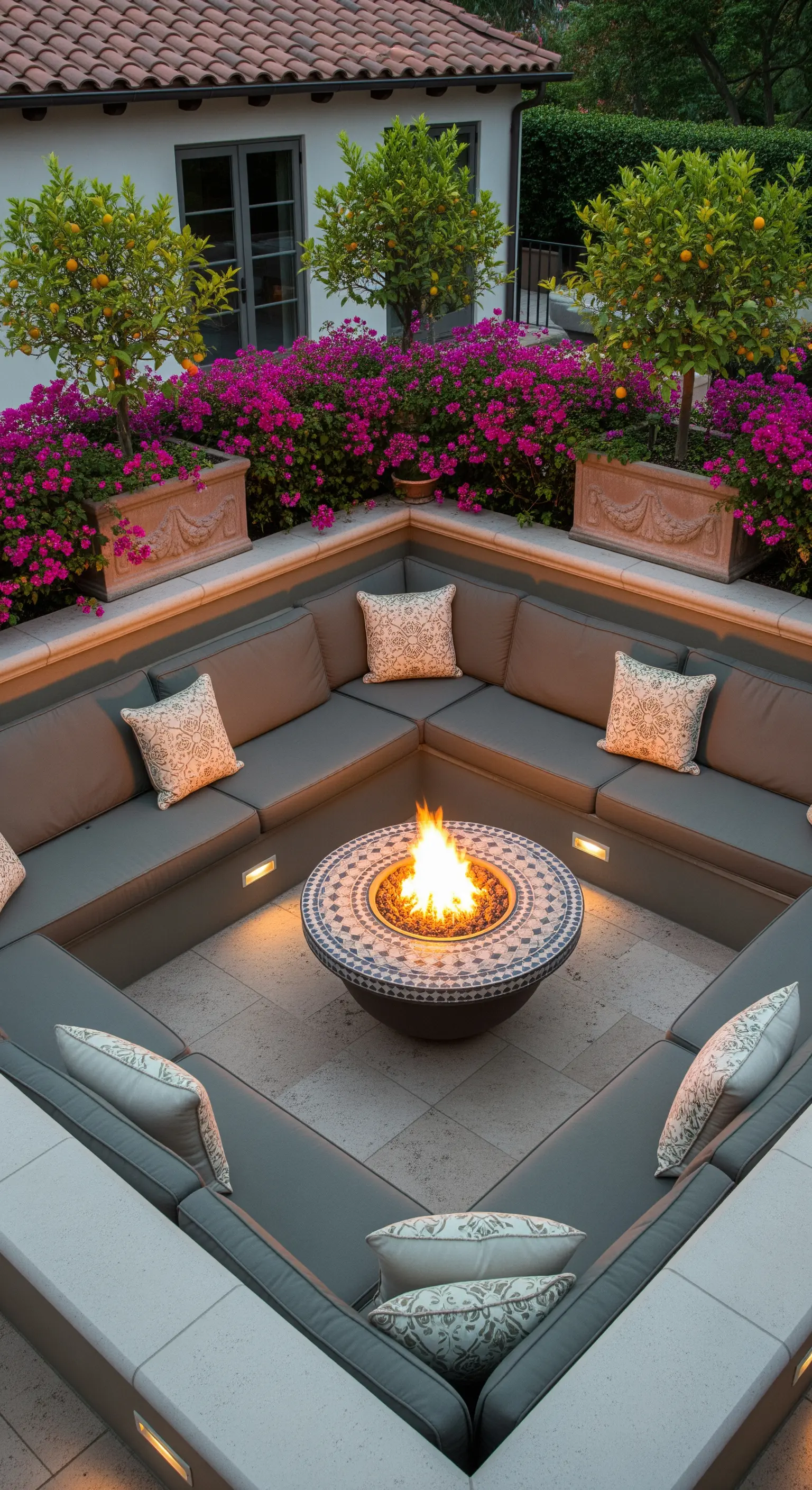 Salotto da giardino sommerso con braciere a mosaico, circondato da bouganville.