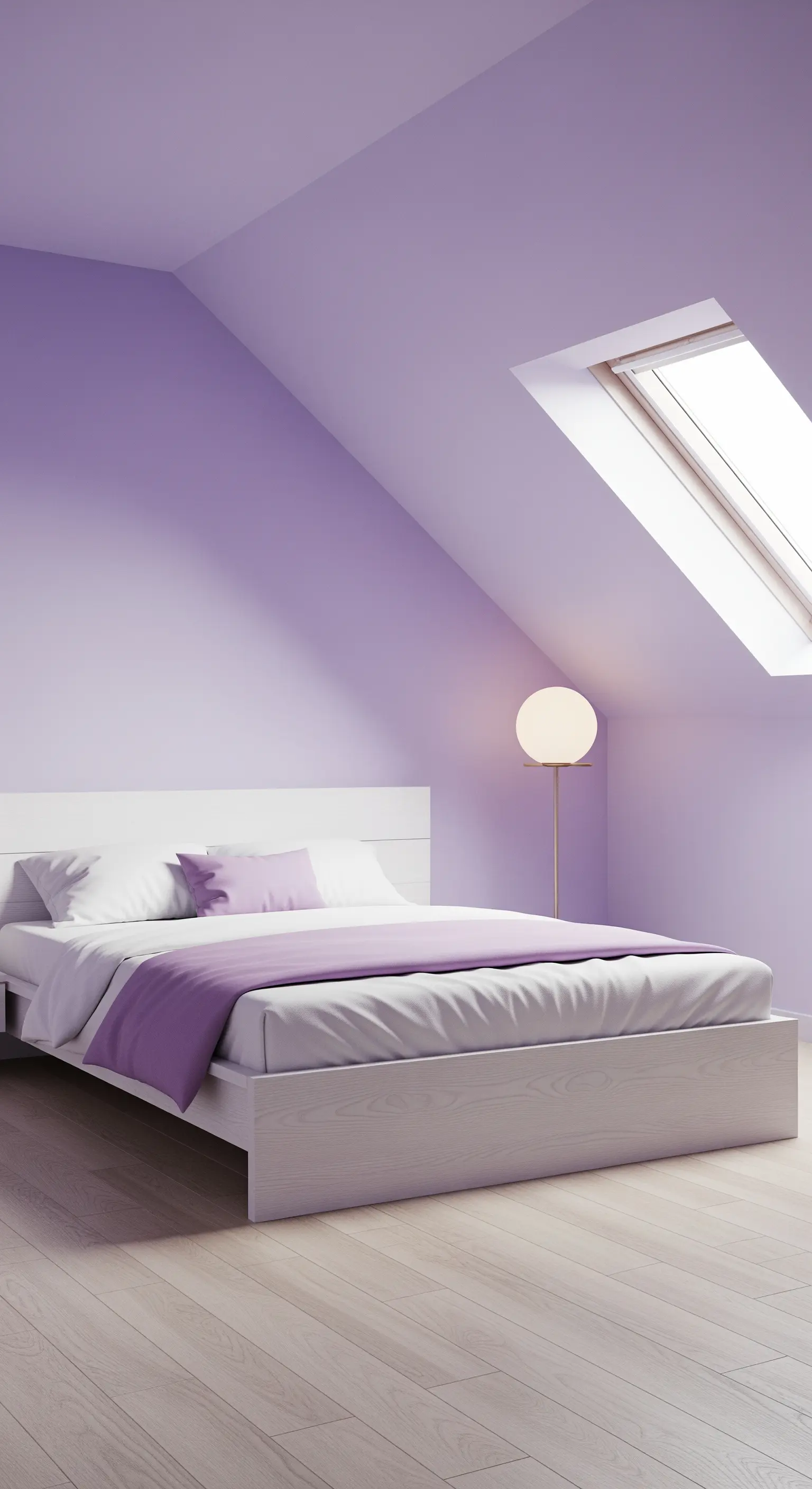Camera da letto minimalista in mansarda con pareti e soffitto color lavanda.
