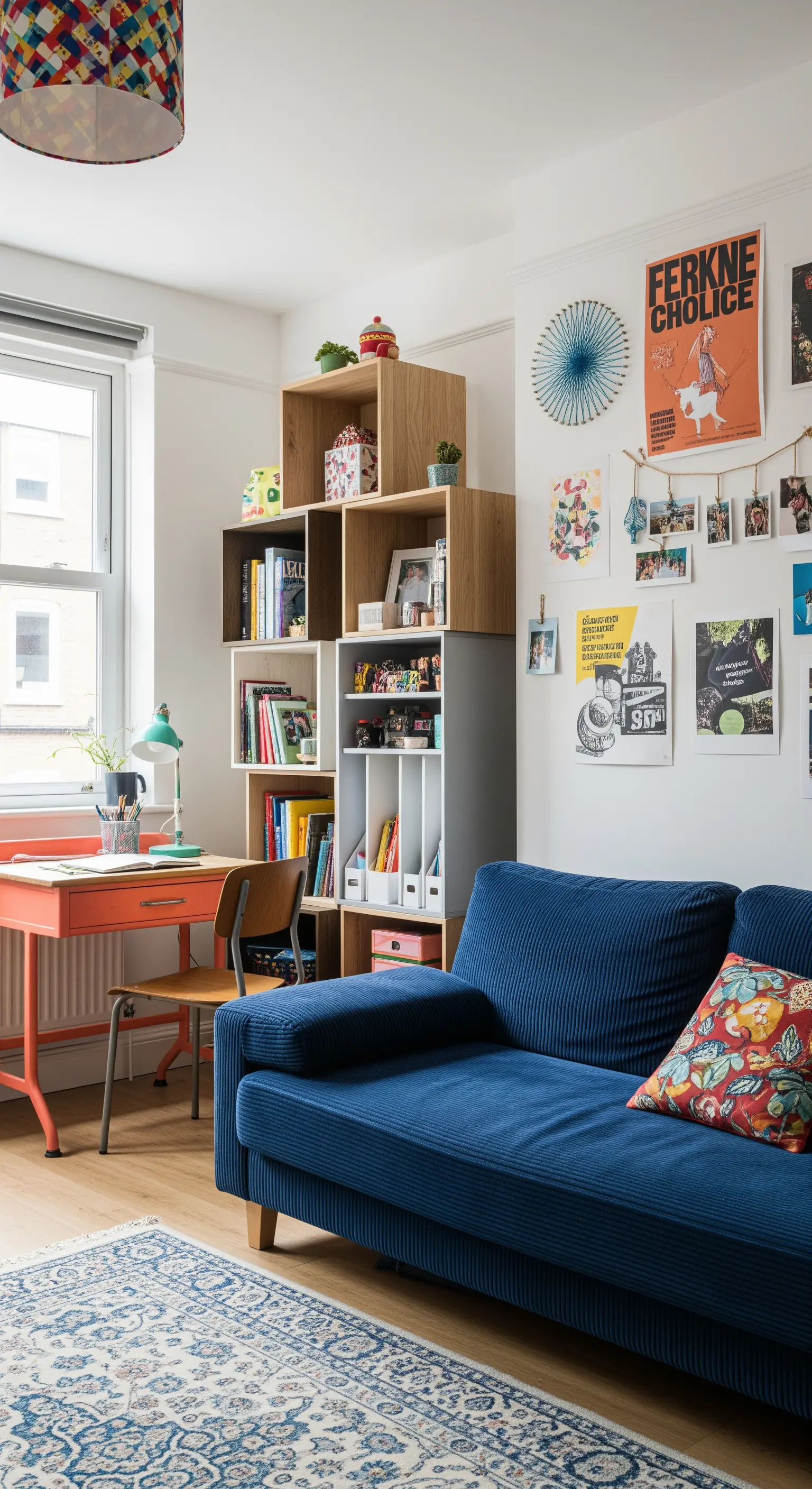 Salotto eclettico con divano blu, libreria modulare e parete con poster.