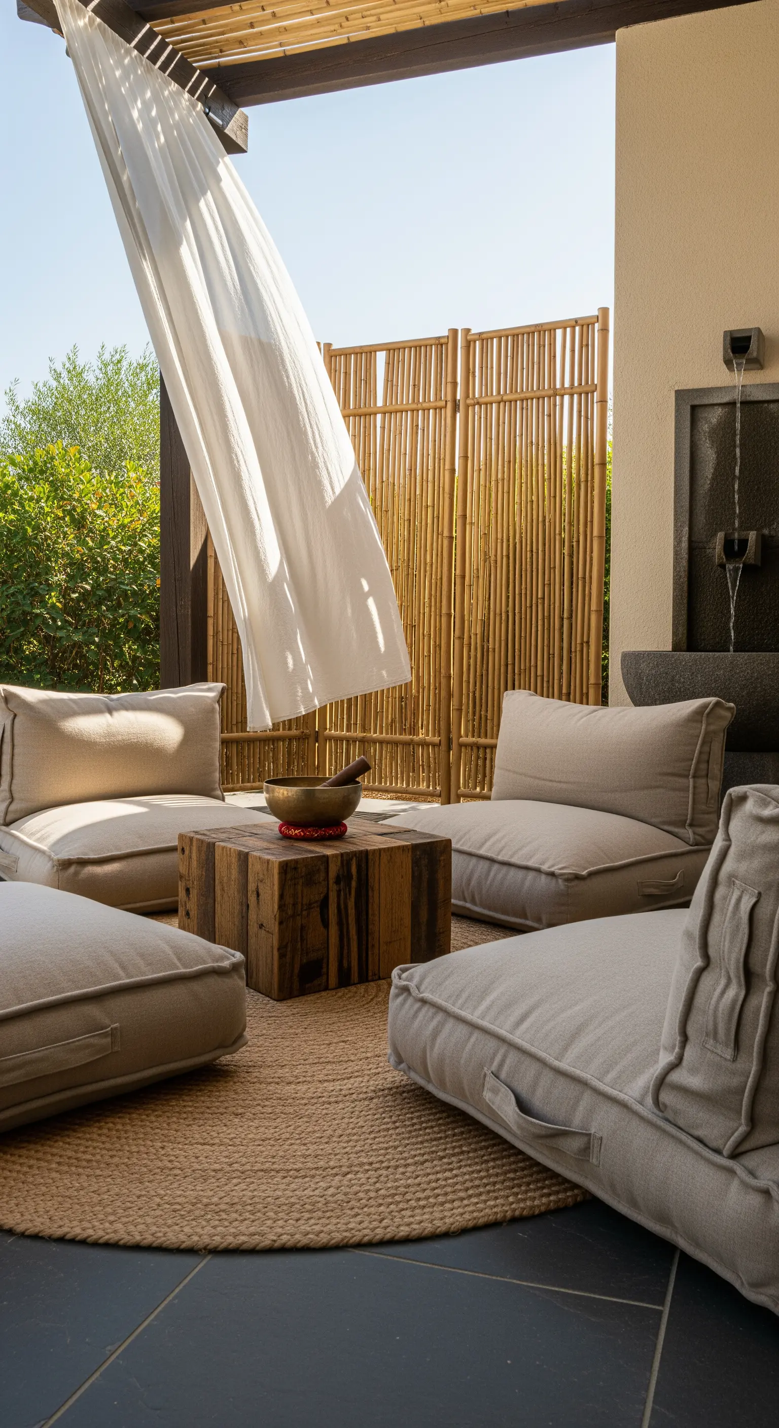 Patio zen con sedute basse color sabbia, tavolino in legno, tappeto di iuta e paravento in bambù