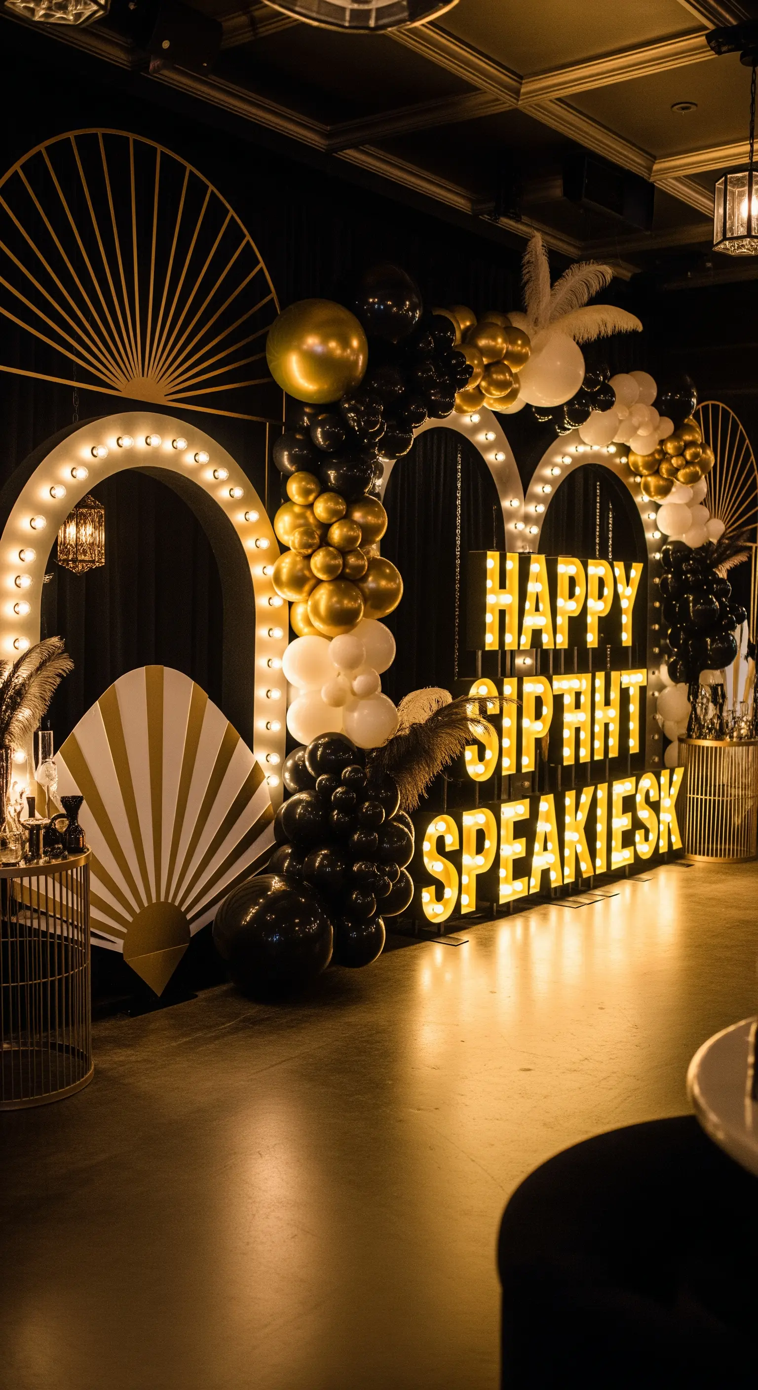 Angolo festa in stile Art Déco con scritta luminosa, archi dorati e palloncini neri e oro.