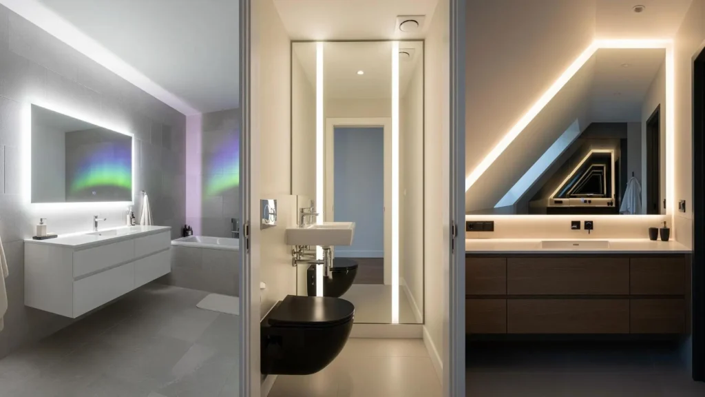 Bagni moderni con specchi retroilluminati che moltiplicano lo spazio, creando profondità visiva ed un ambiente elegante.