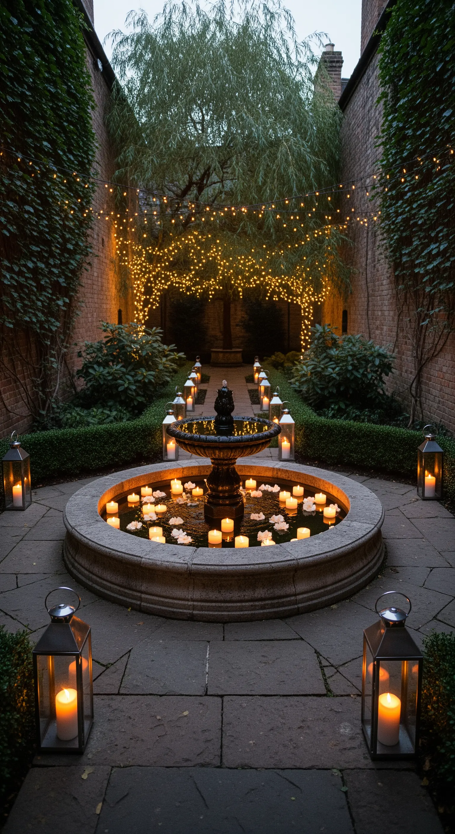 Cortile con fontana centrale decorata con candele galleggianti, lanterne e lucine sospese.