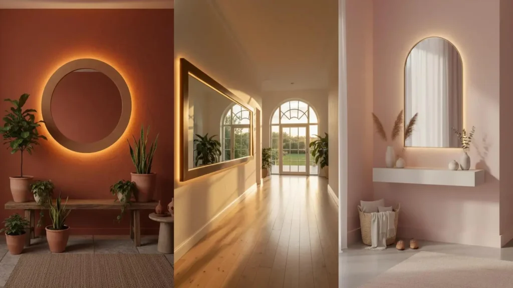 Tre ingressi con specchi retroilluminati che aggiungono luce, profondità e un'atmosfera accogliente. Design moderno e raffinato.