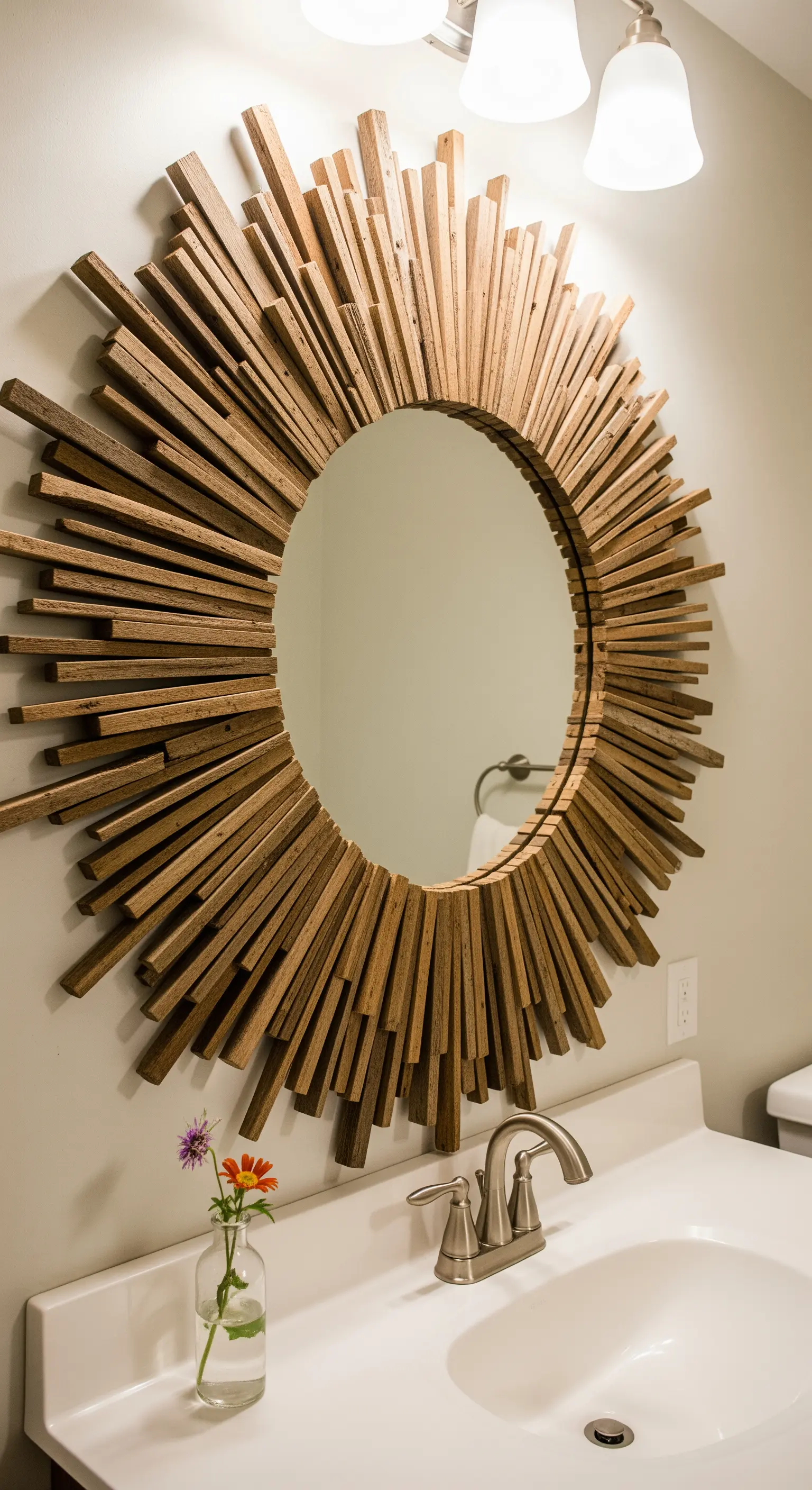 Specchio rotondo con una cornice a raggiera fatta di tanti piccoli listelli di legno grezzo.