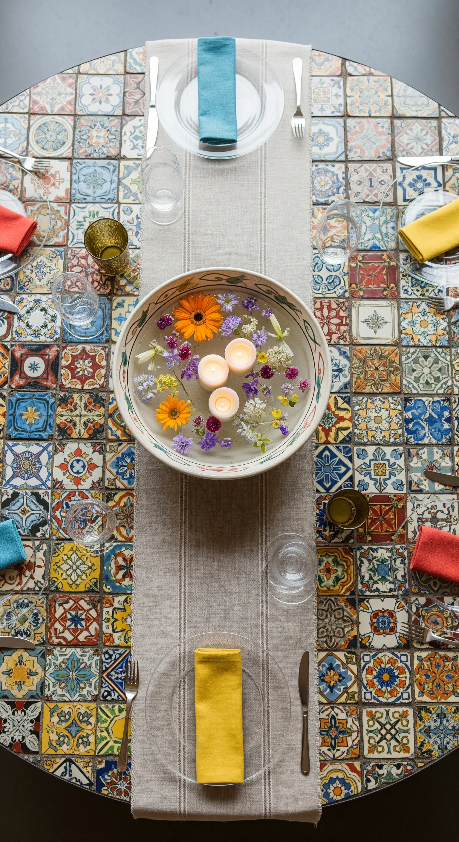 Tavolo in maiolica con ciotola d'acqua centrale contenente fiori e candele galleggianti.