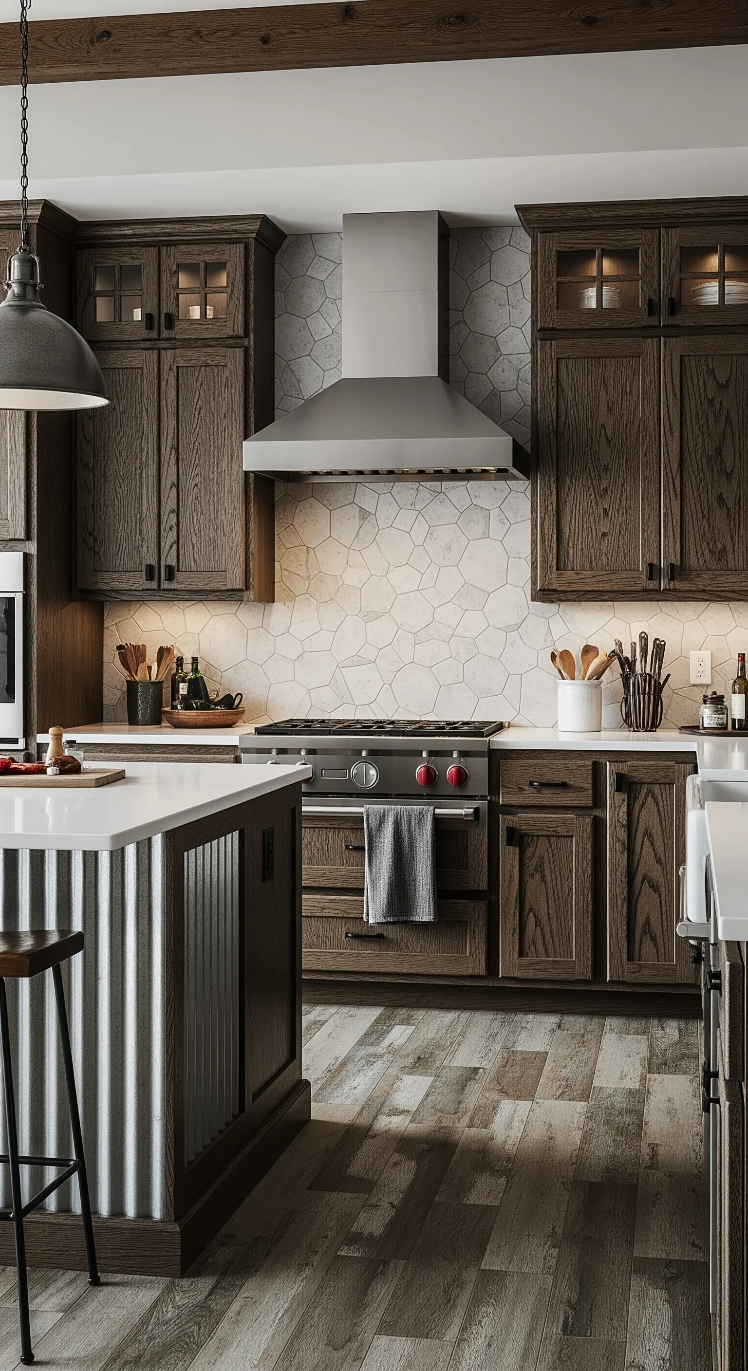 Cucina rustica con mobili in legno e isola rivestita in lamiera ondulata.