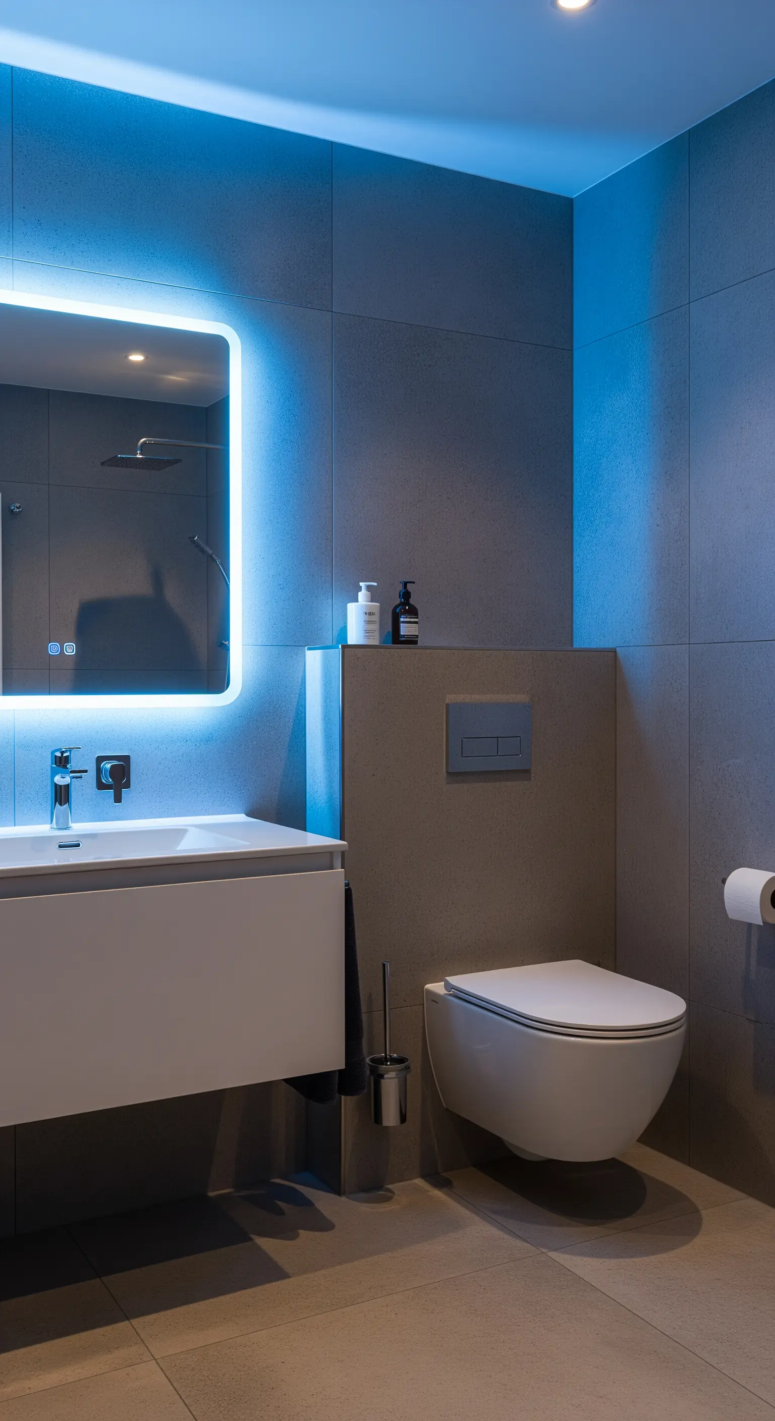 Bagno con piastrelle grigie e specchio retroilluminato da una luce LED di colore blu.