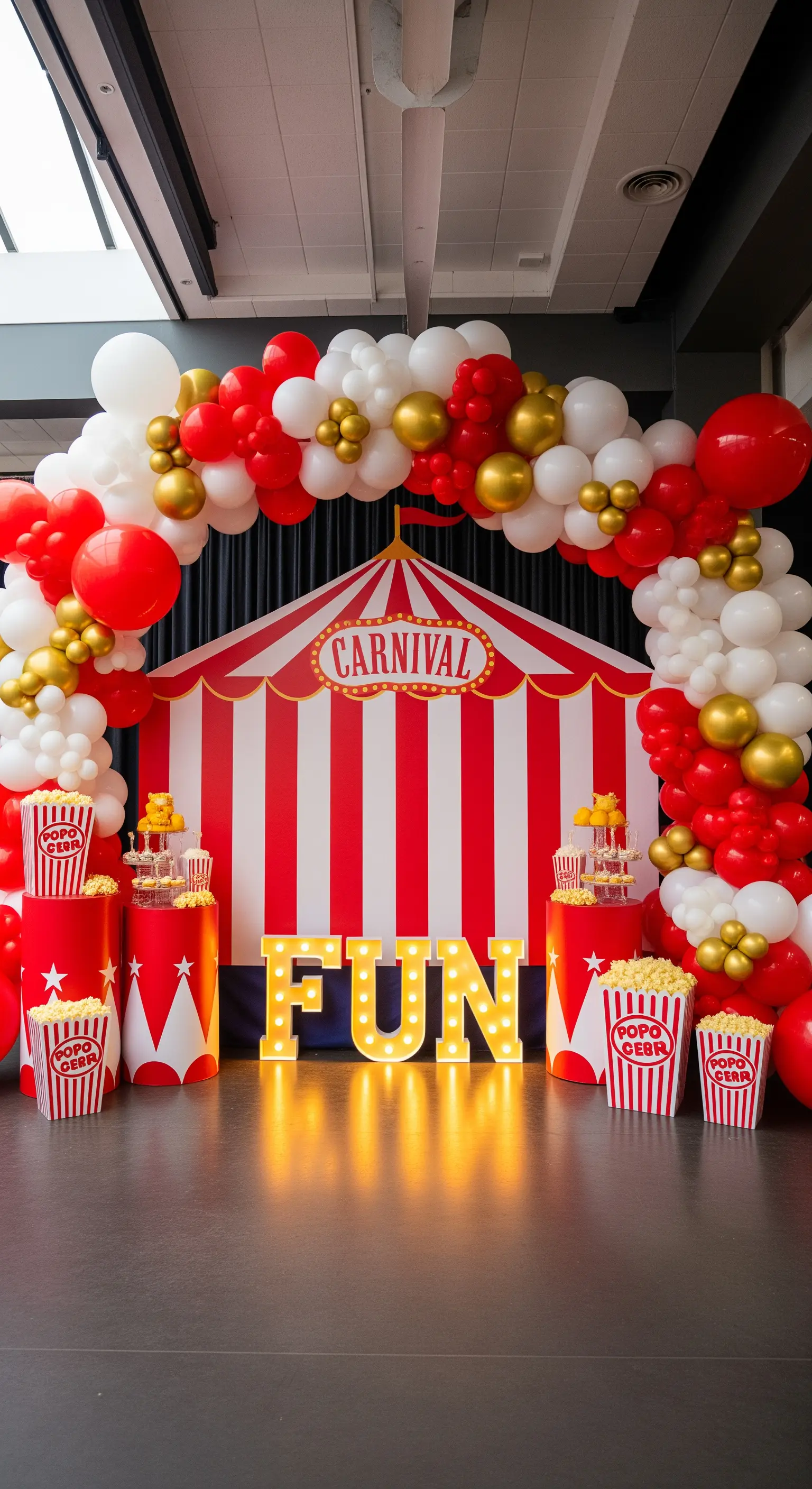 Allestimento a tema circo con backdrop a righe, palloncini rossi e lettere luminose.