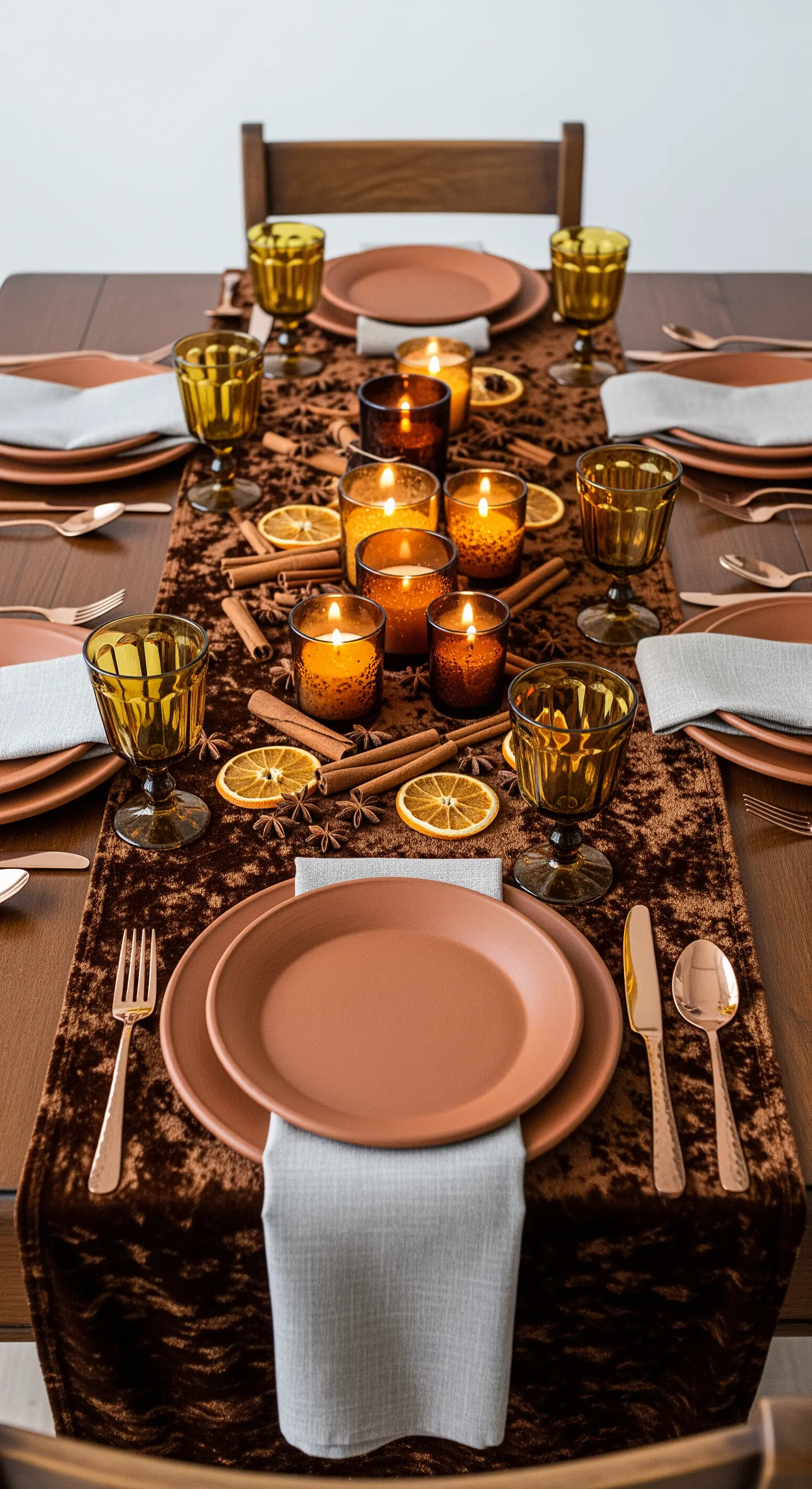 Runner in velluto marrone con candele ambrate, cannella e arance essiccate.