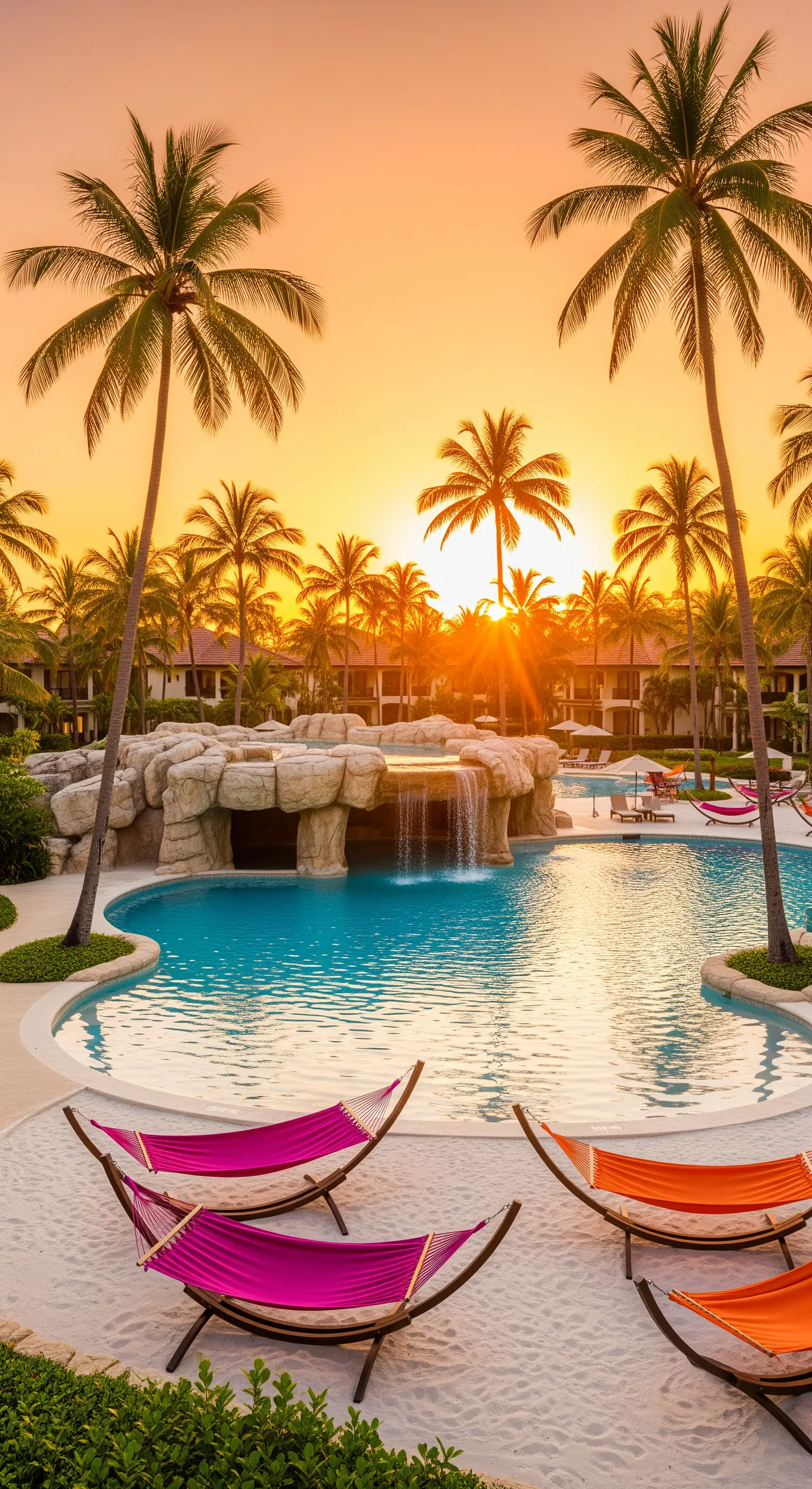 Amache fucsia e arancioni su una spiaggia di sabbia bianca a bordo di una grande piscina al tramonto