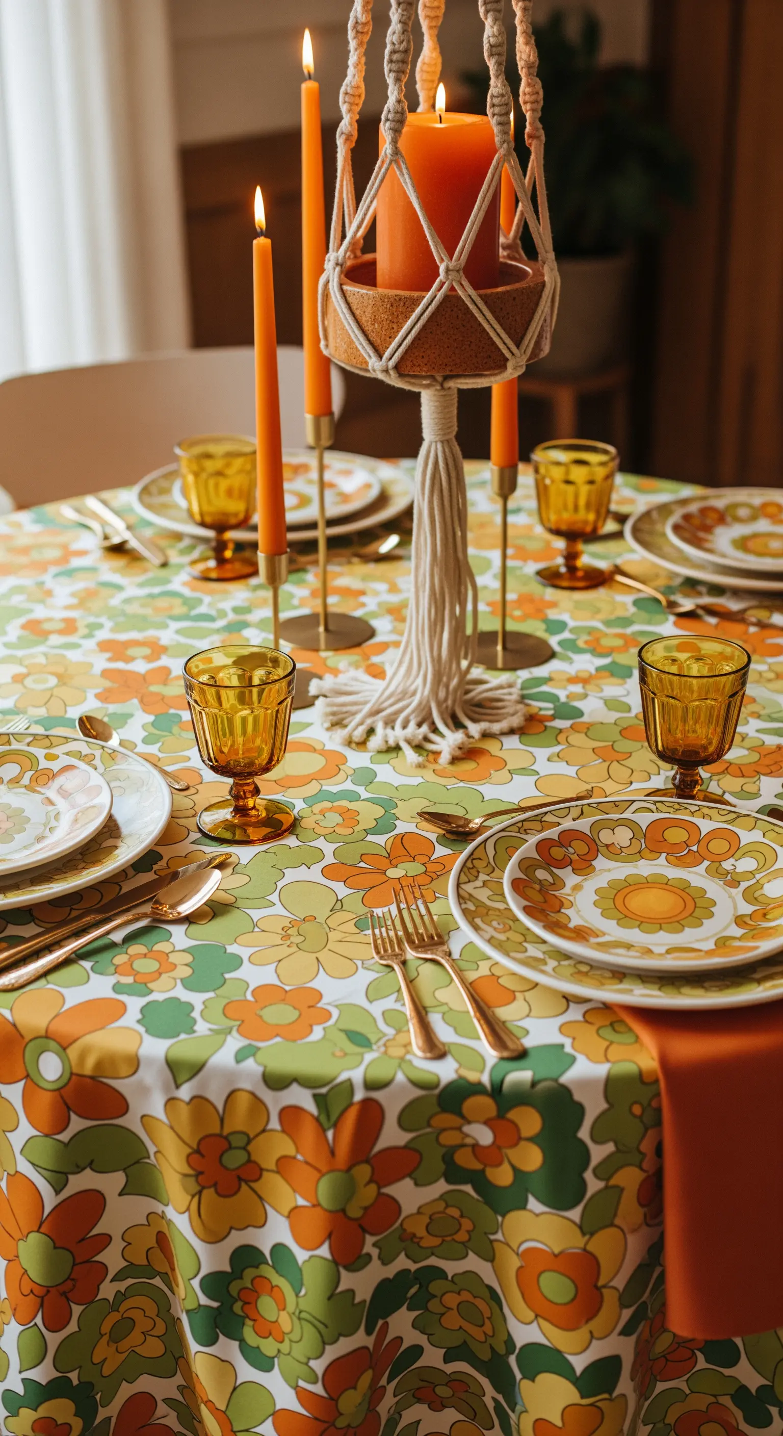 Tavola in stile anni '70 con tovaglia a fiori, bicchieri ambrati e portacandela in macramè