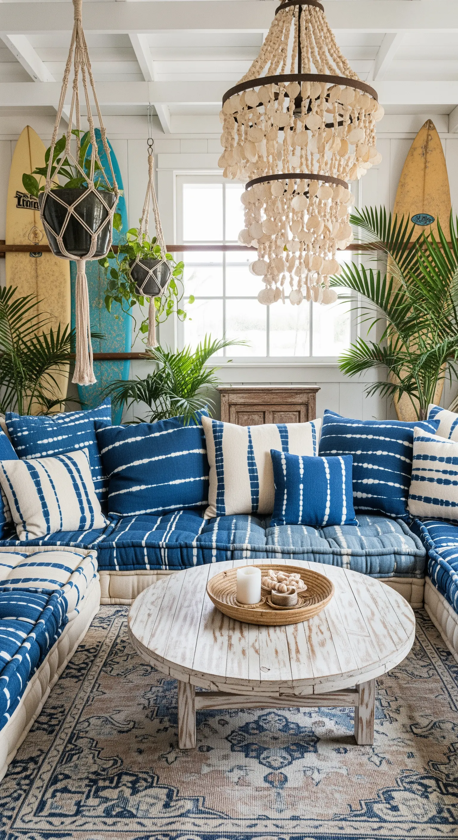 Divano angolare con cuscini blu tie-dye e un lampadario di conchiglie.