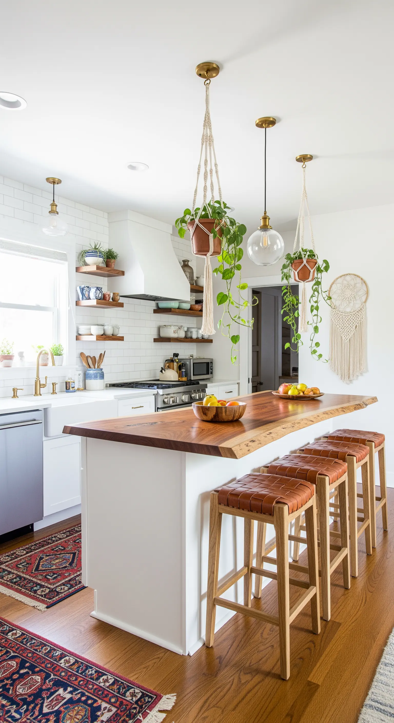 Isola bianca con top in legno massello dai bordi irregolari e sgabelli in cuoio intrecciato.