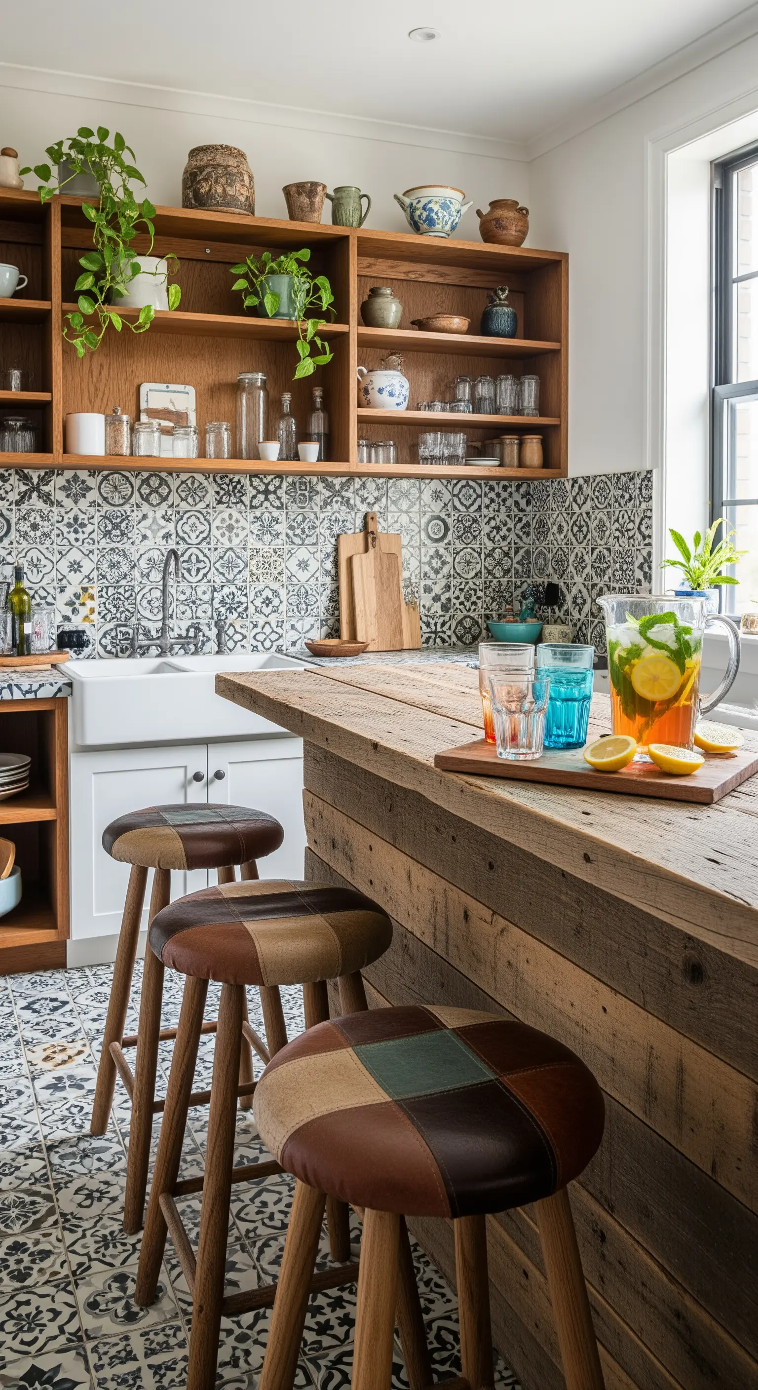Cucina bohémien con piastrelle decorate, isola in legno di recupero e sgabelli in pelle patchwork.