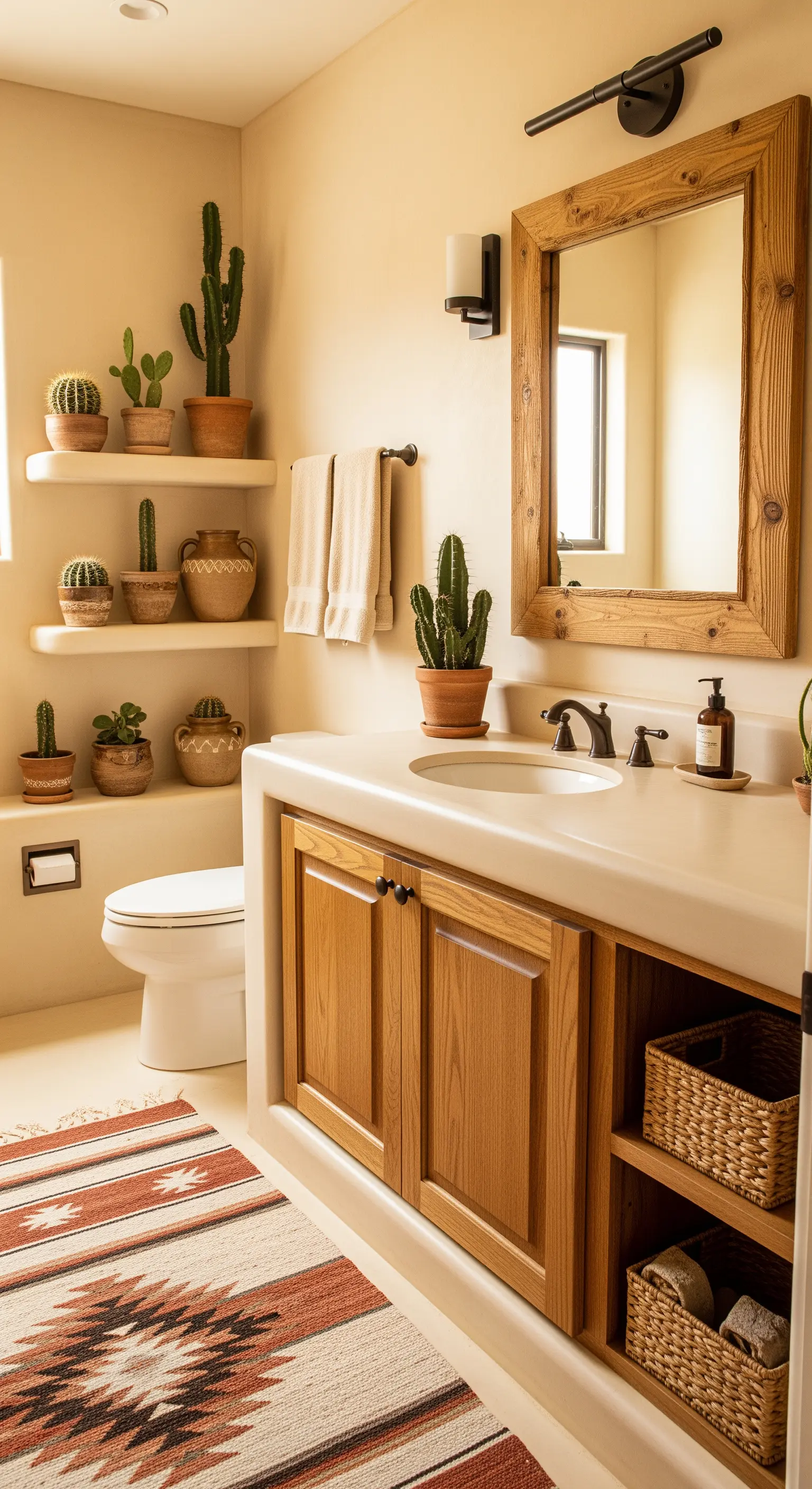 Bagno in stile Southwestern con mensole piene di cactus e un tappeto geometrico.