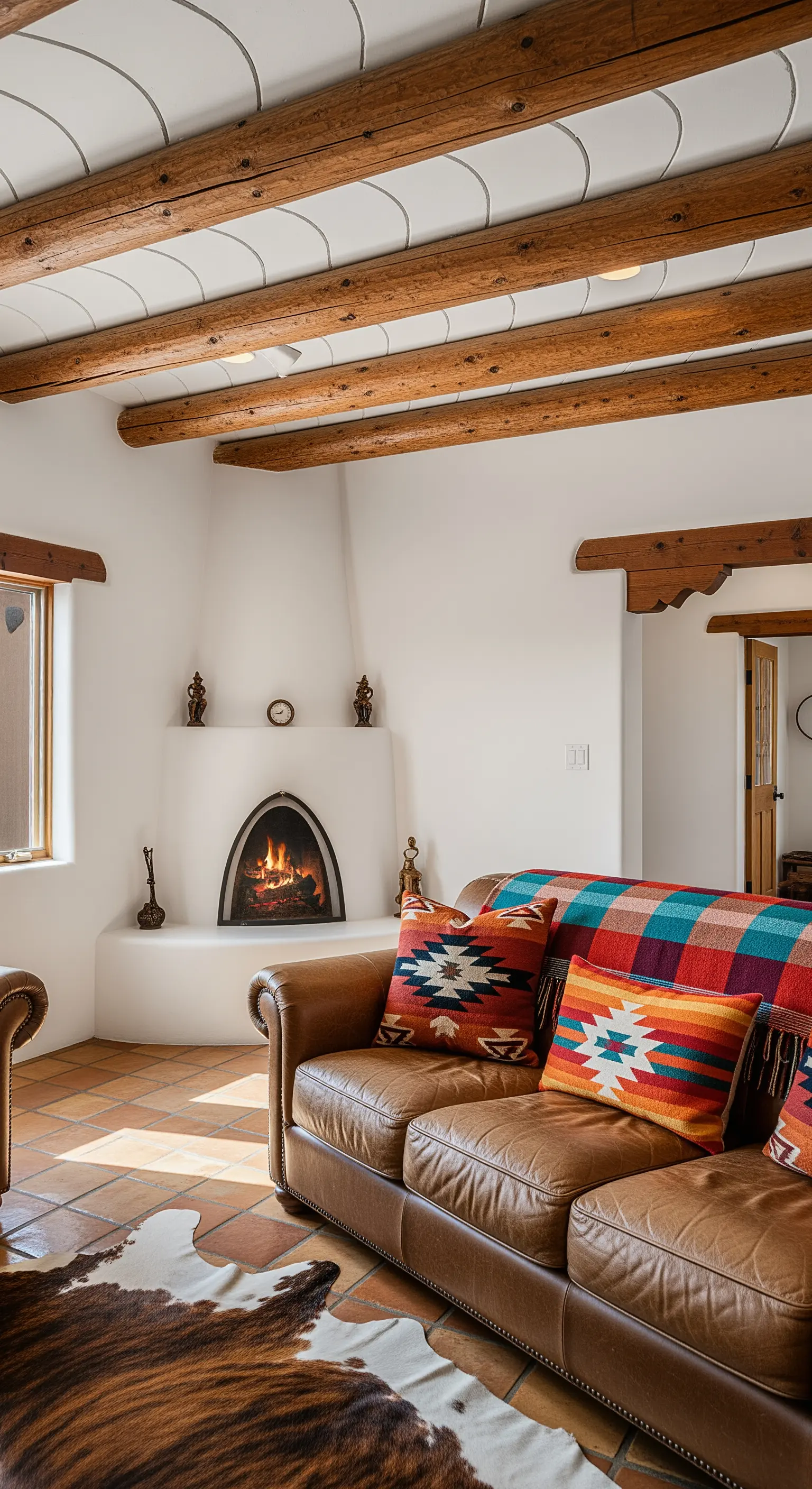 Soggiorno in stile sudoccidentale con camino kiva e cuscini con motivi Navajo