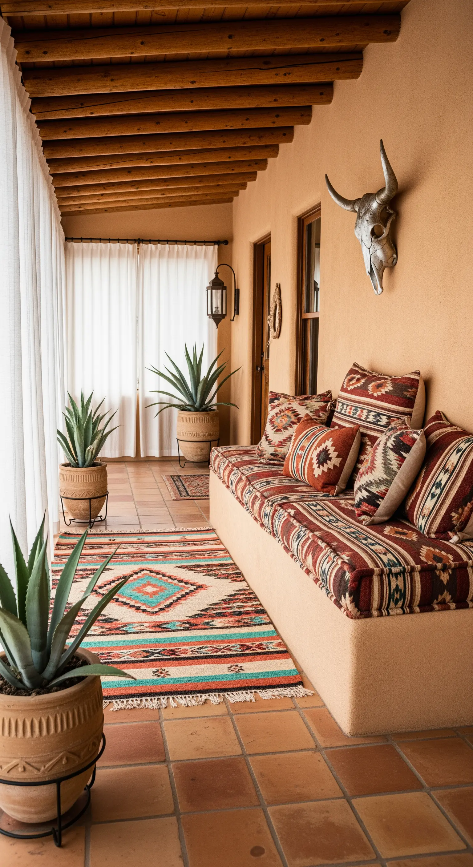 Veranda in stile desert-boho con divano in muratura, cuscini navajo e piante di agave.