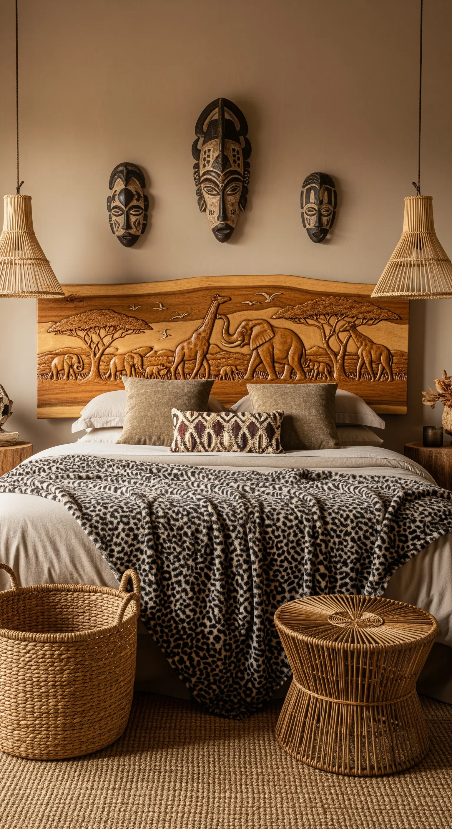 Testiera in legno con intaglio di animali della savana, abbinata a maschere africane a parete.