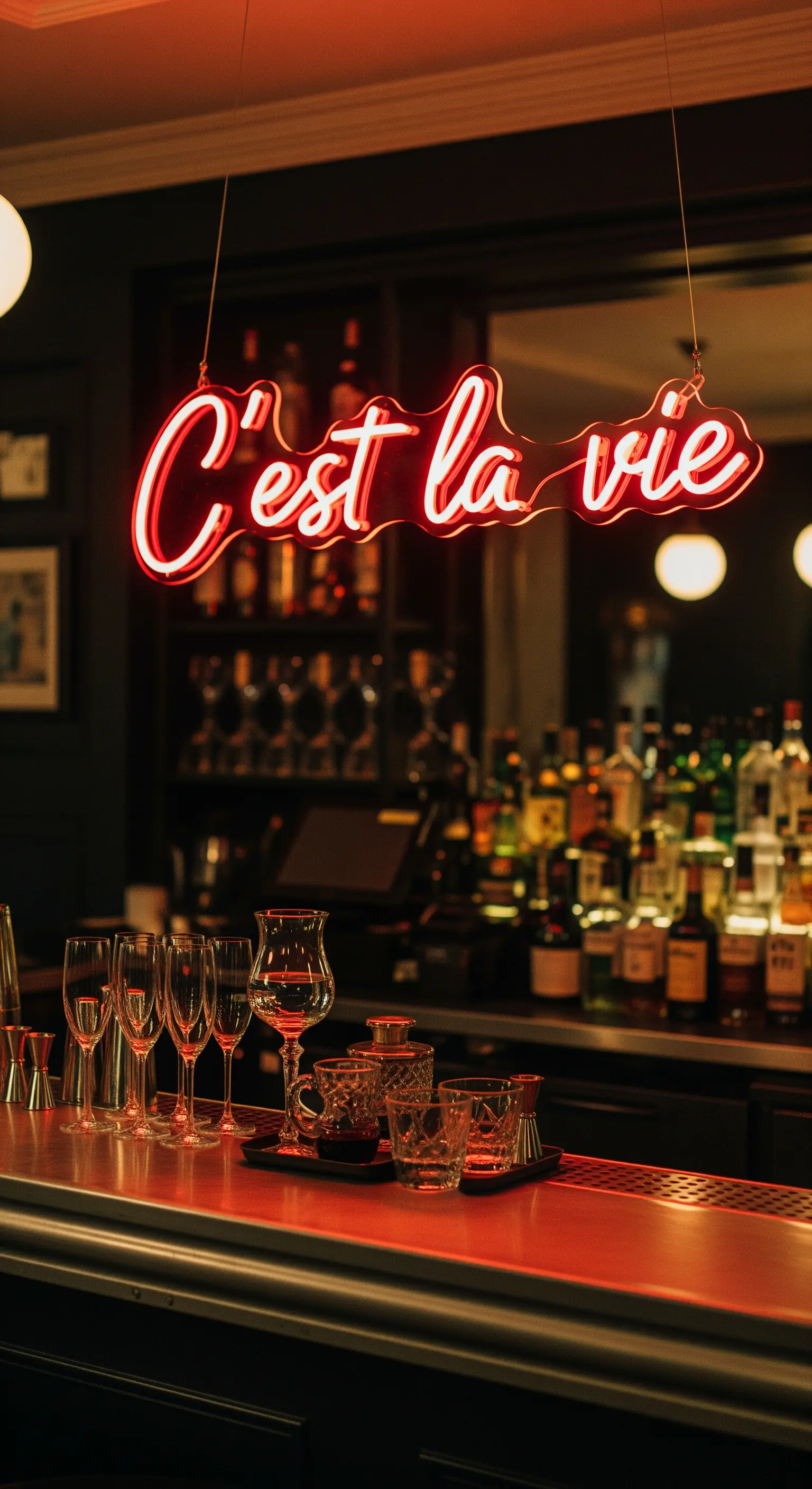 Neon rosso “C'est la vie” sospeso in un bar dall'atmosfera parigina intima e scura.