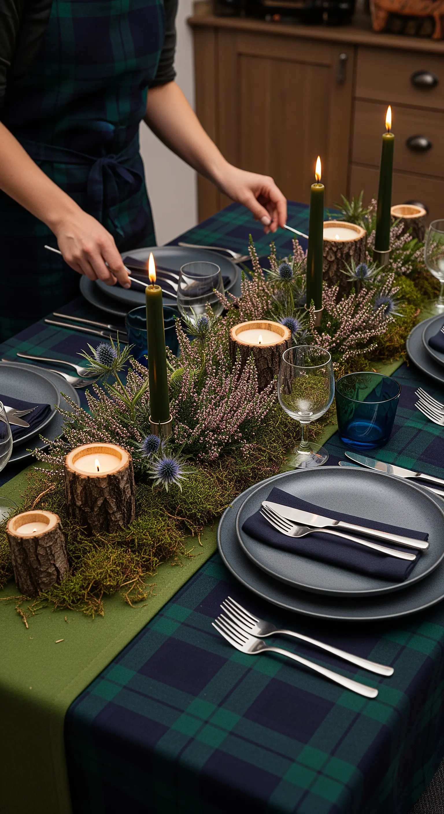 Tavola con tovaglia tartan verde e blu, centrotavola di erica e candele in tronchi di legno.