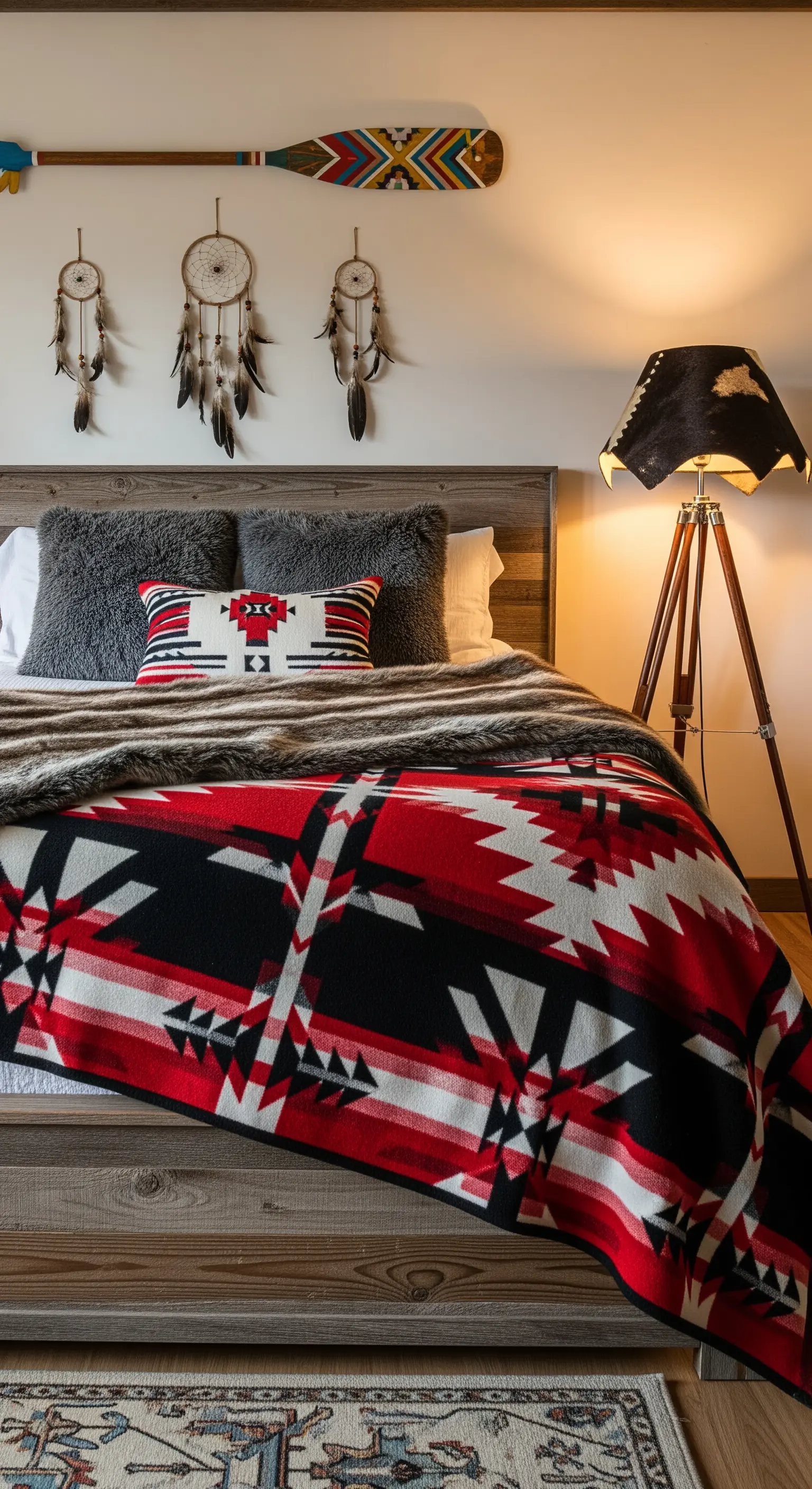 Letto in legno con coperta a motivi geometrici rossi e neri e acchiappasogni appesi alla parete.
