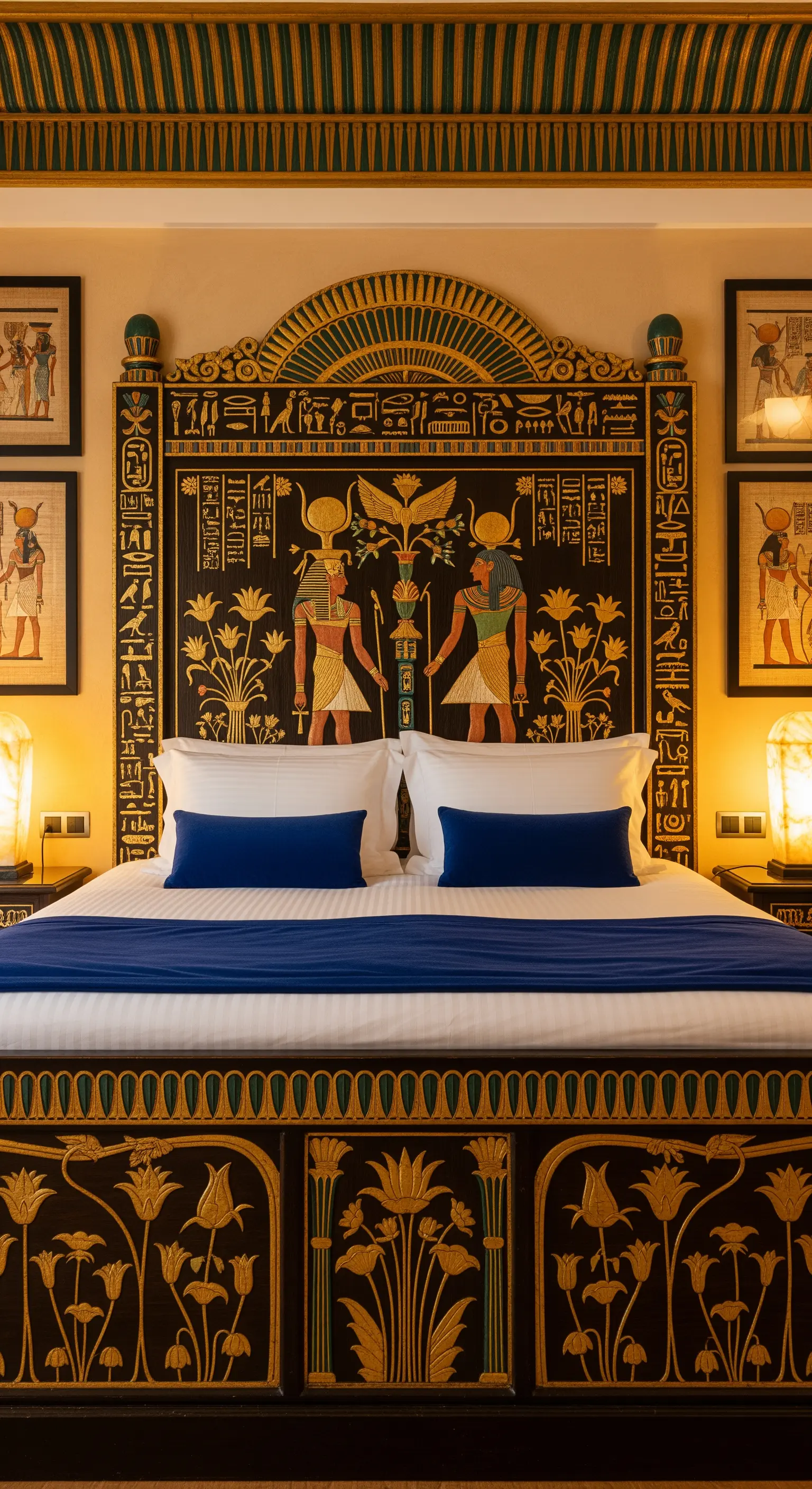 Testiera in stile egizio, riccamente decorata con geroglifici e figure dipinte in oro e nero.